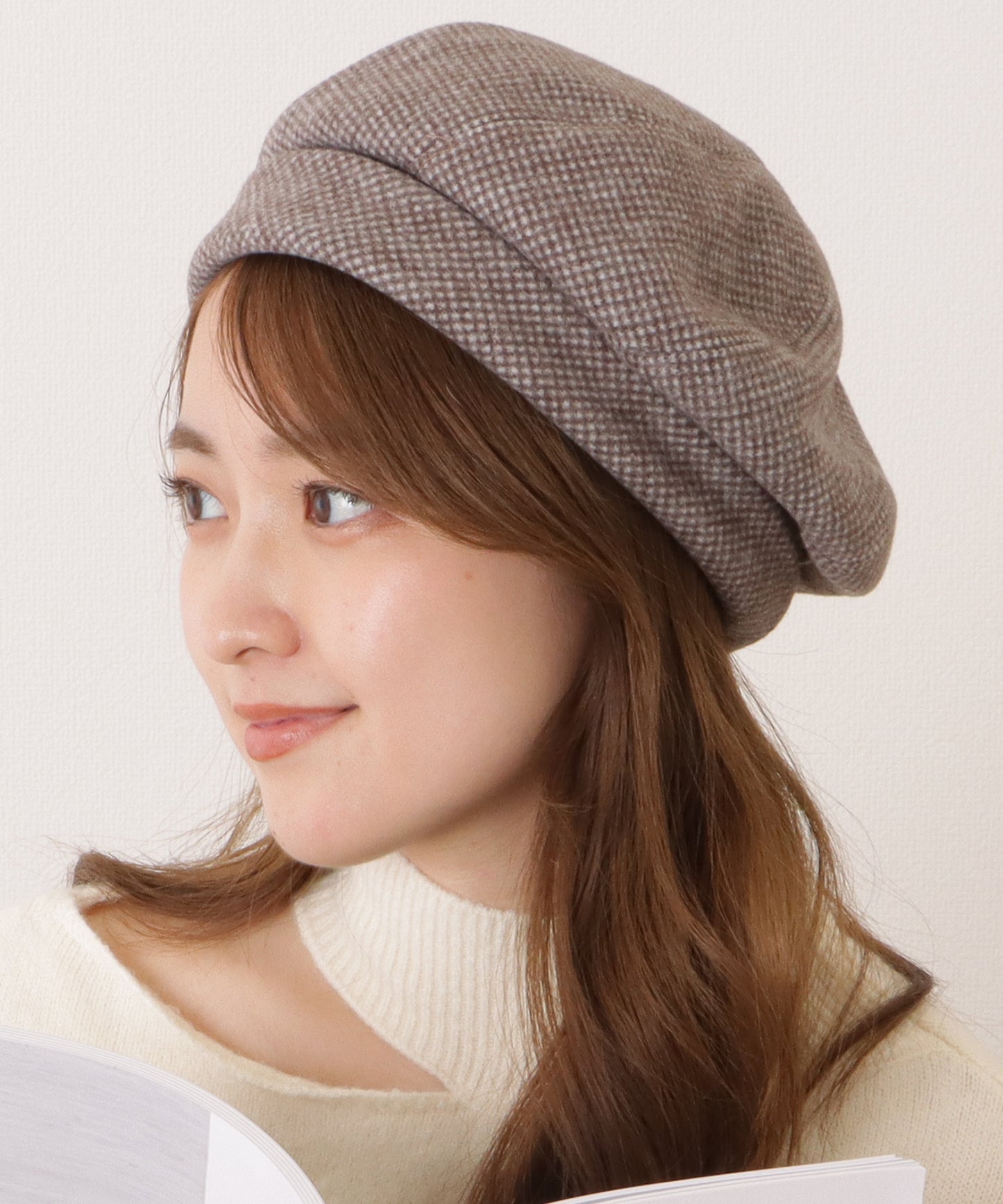 千鳥格子柄クラシカルボリュームベレー帽