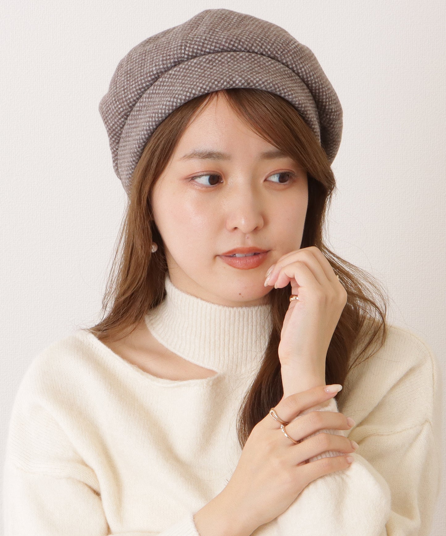 千鳥格子柄クラシカルボリュームベレー帽
