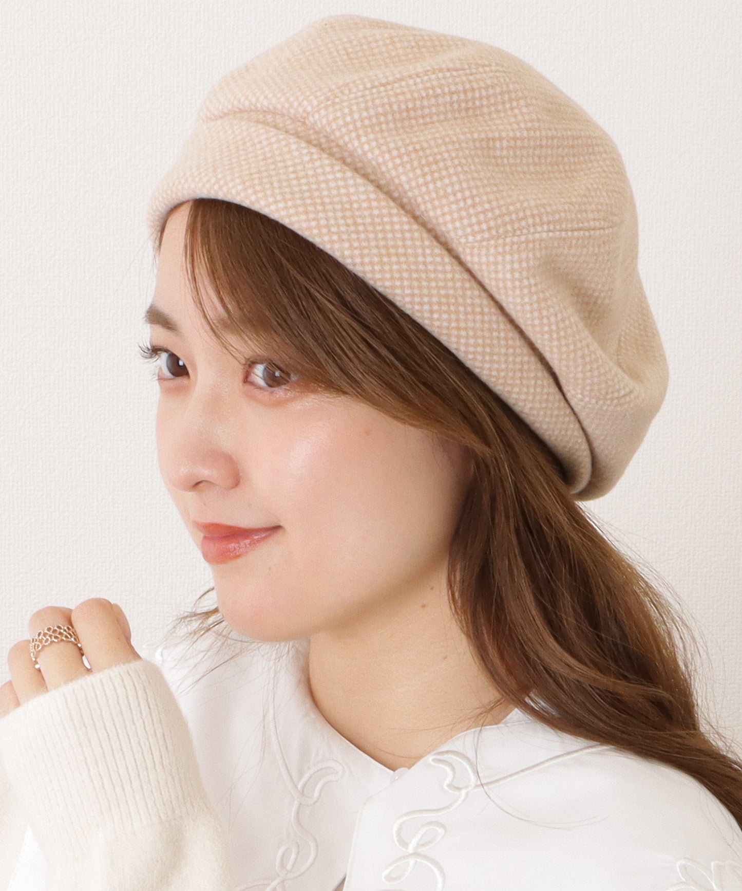 千鳥格子柄クラシカルボリュームベレー帽