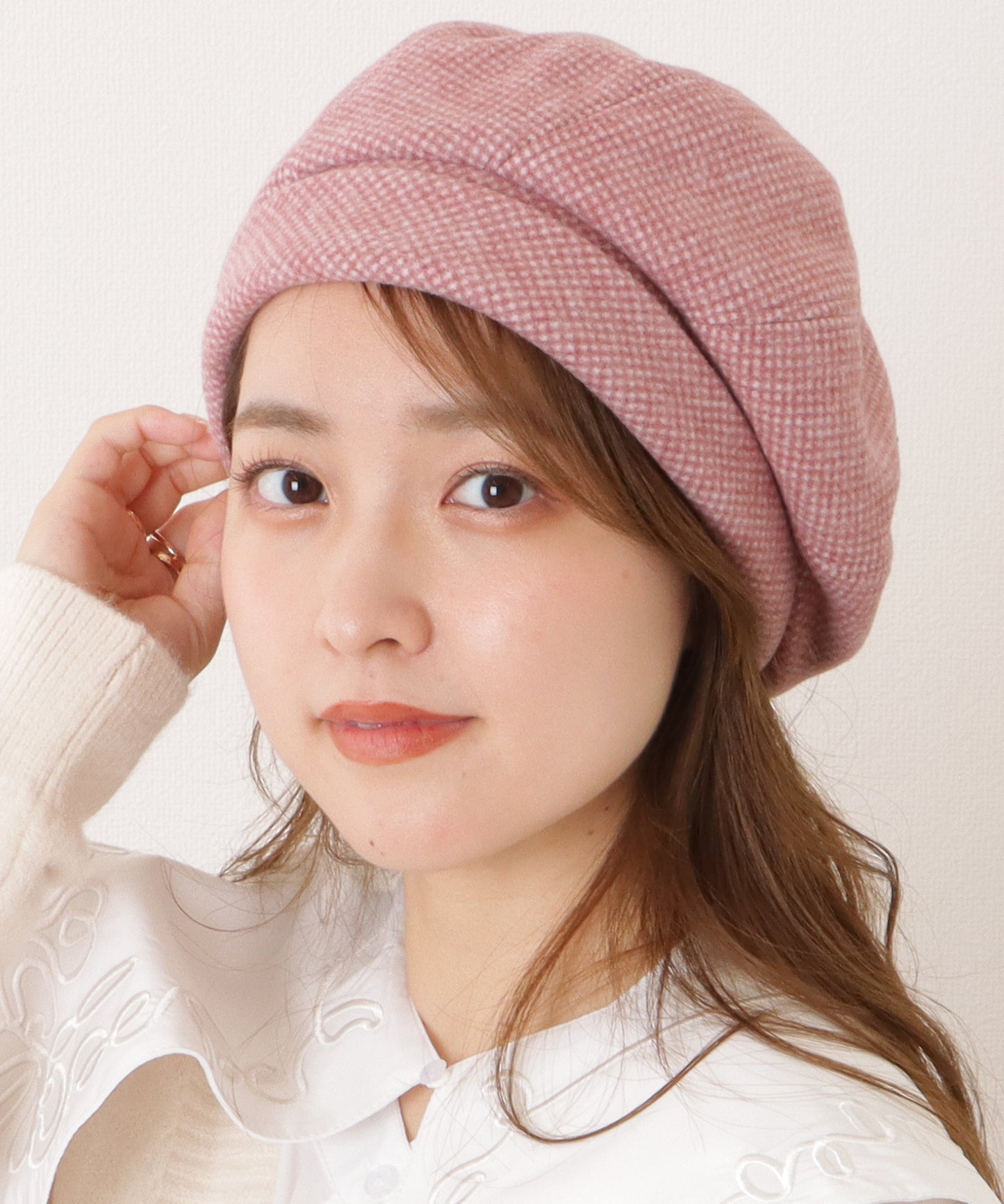 千鳥格子柄クラシカルボリュームベレー帽