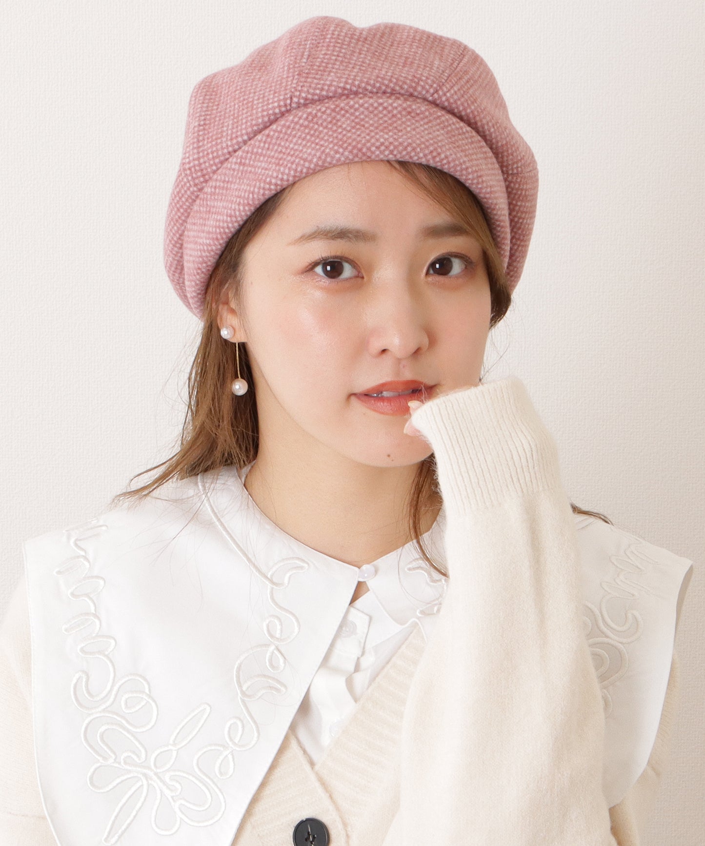 千鳥格子柄クラシカルボリュームベレー帽