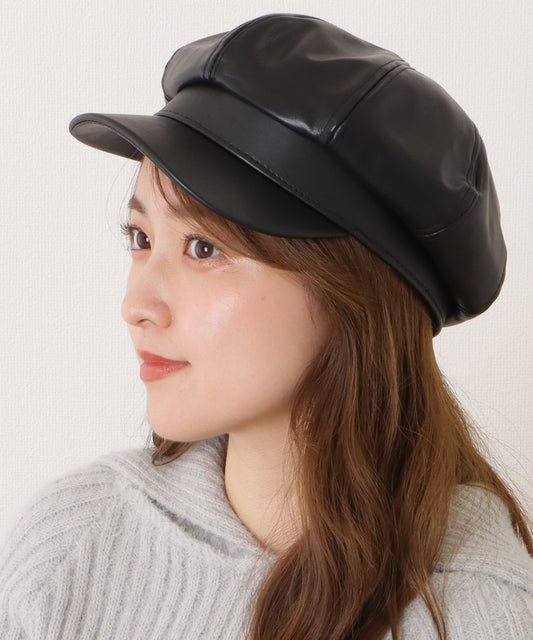 レザー調ボリュームカラーキャスケット帽