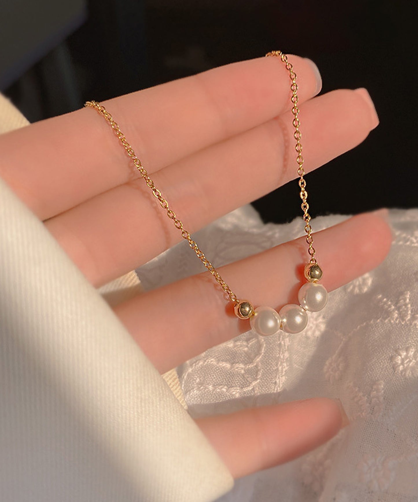 3連 淡水 パール ゴールド チェーン ネックレス