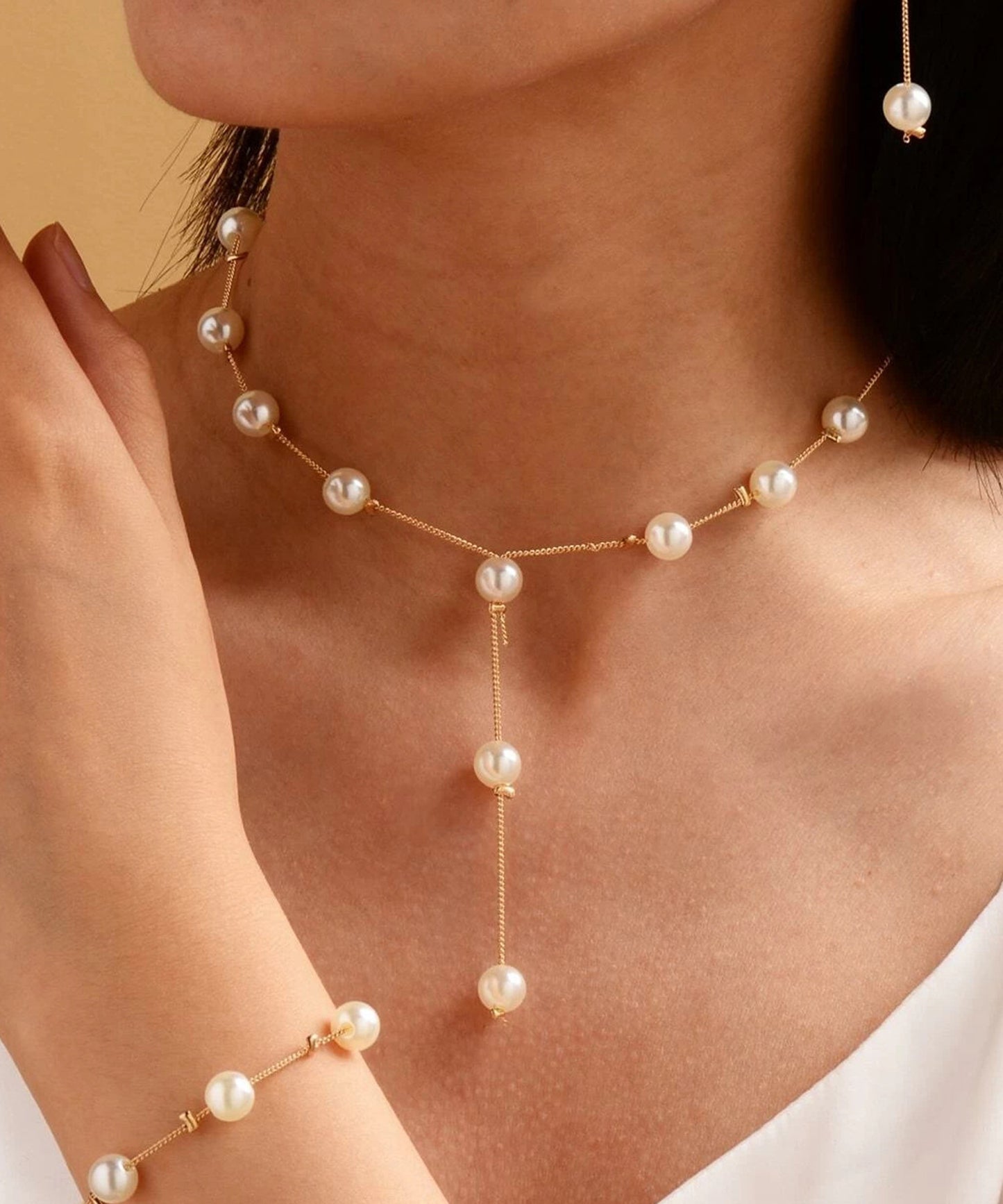 【3点セット】4WAY パール チェーン アジャスター ロング ネックレス ブレスレット ピアス