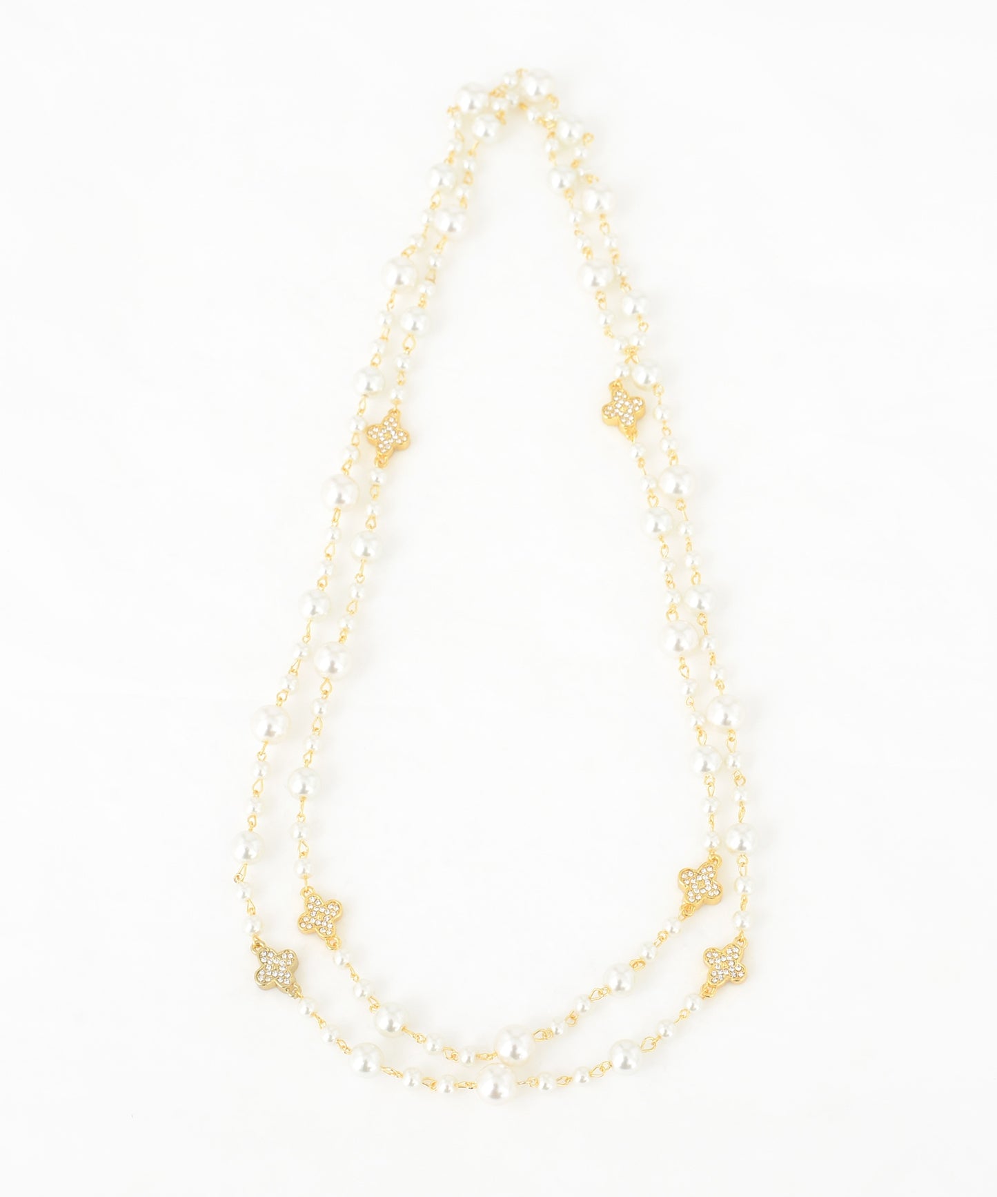 二連イミテーションパール ローズ クローバー ロングネックレス