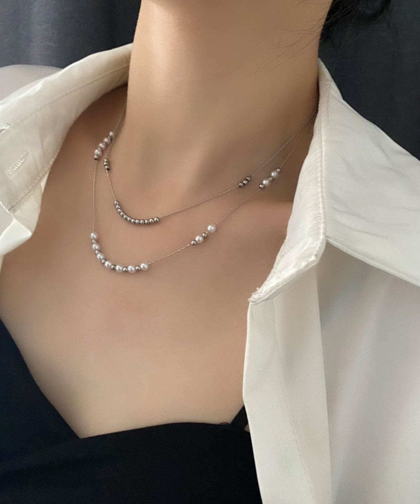 パール × ボール ダブル チェーン ネックレス