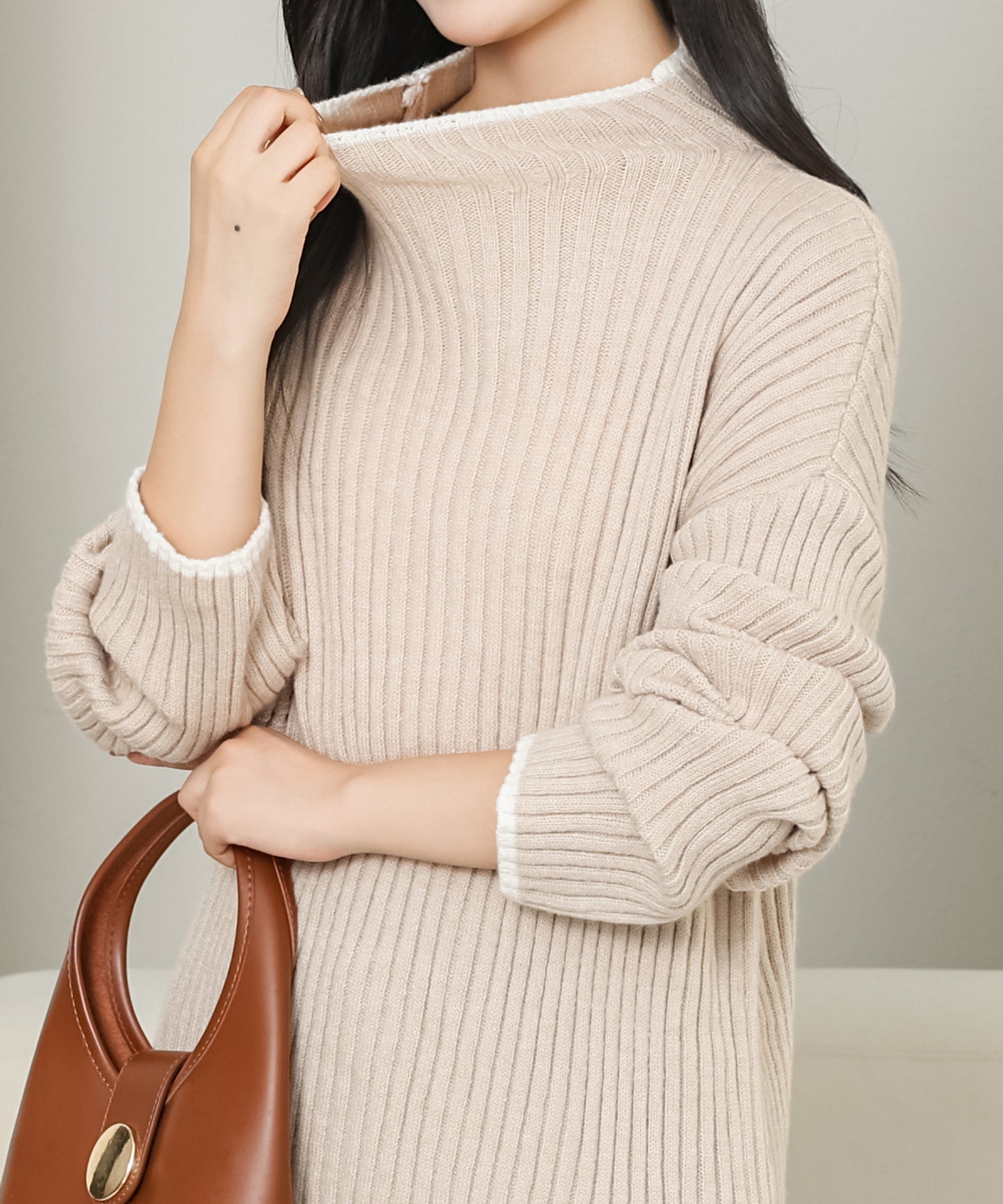 配色 ライン ボトルネック リブ ニット プルオーバー