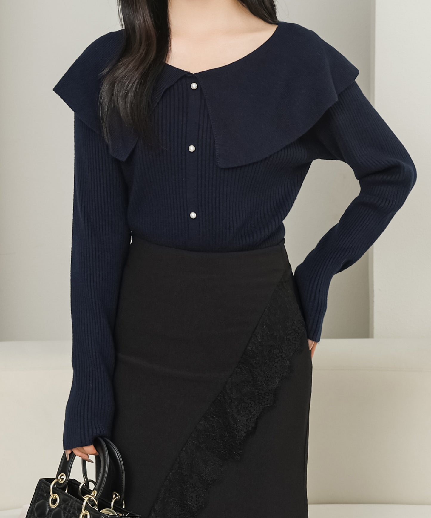 2WAY ビッグカラー パールボタン ニット プルオーバー