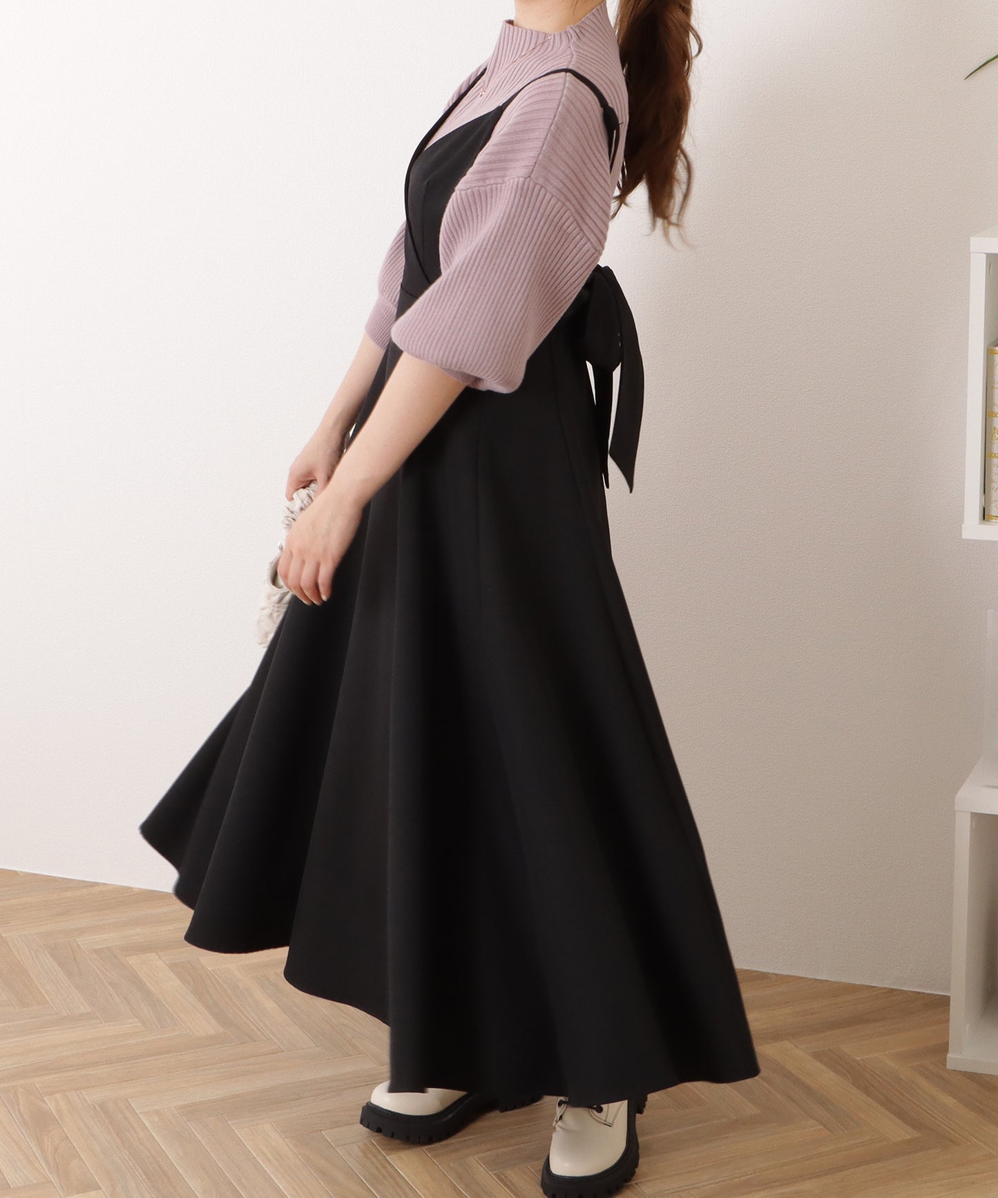 ボトルネック5分袖リブニットボリューム袖プルオーバー