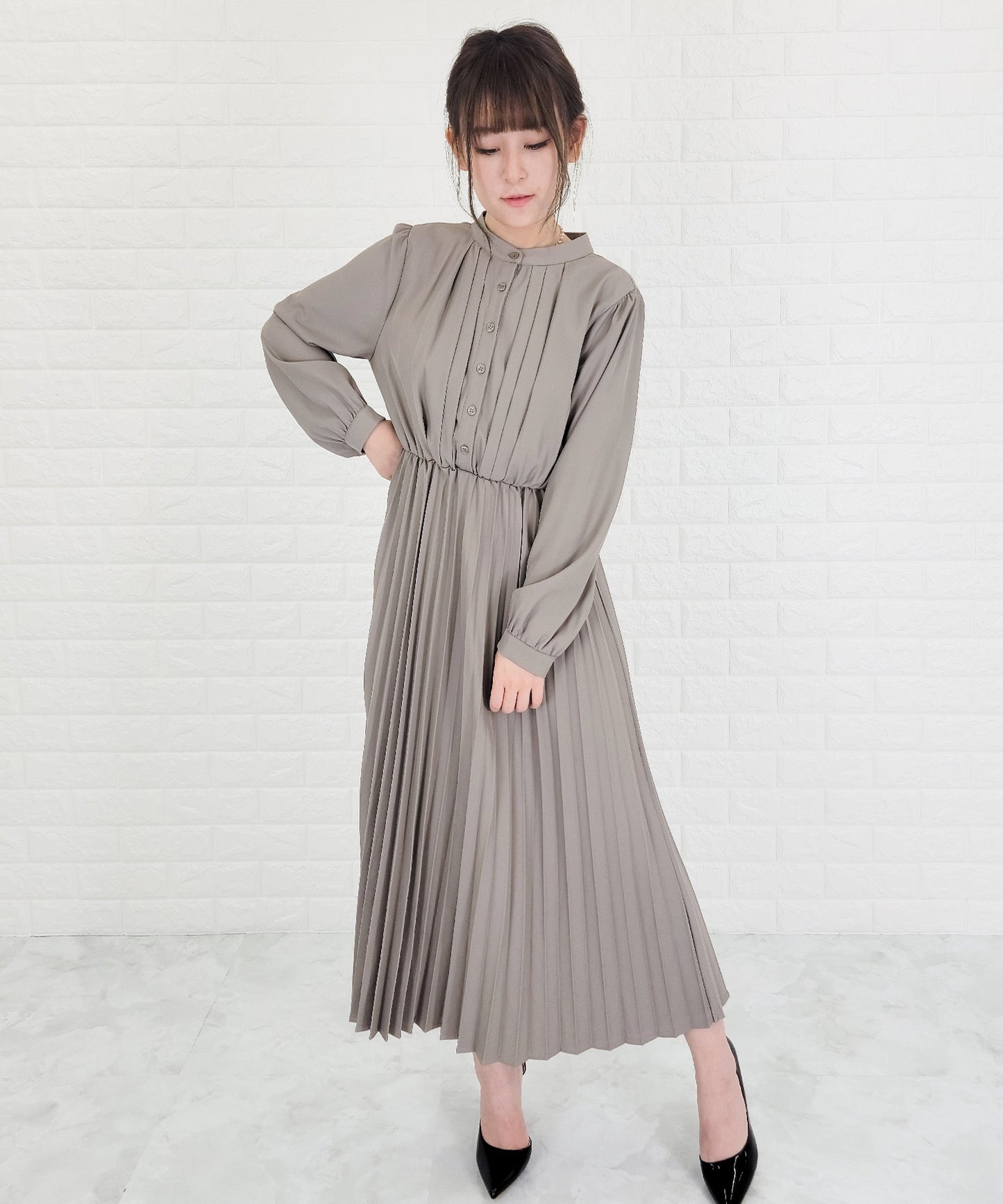 ウエストリボン付 プリーツ ロングワンピース