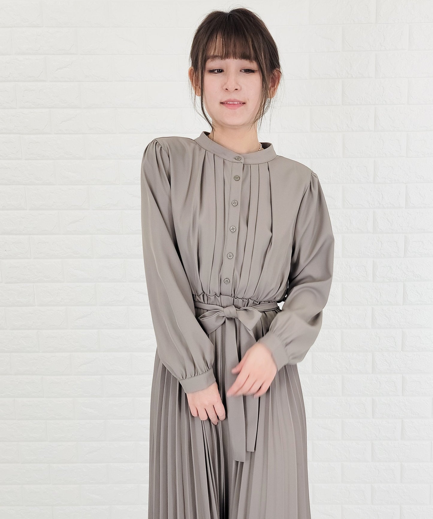 ウエストリボン付 プリーツ ロングワンピース