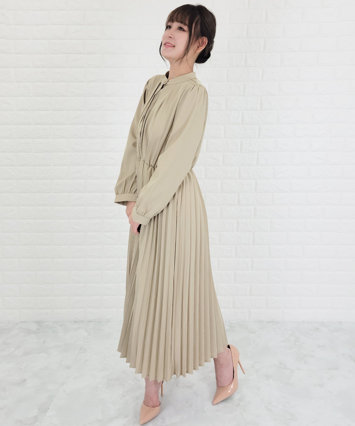 ウエストリボン付 プリーツ ロングワンピース