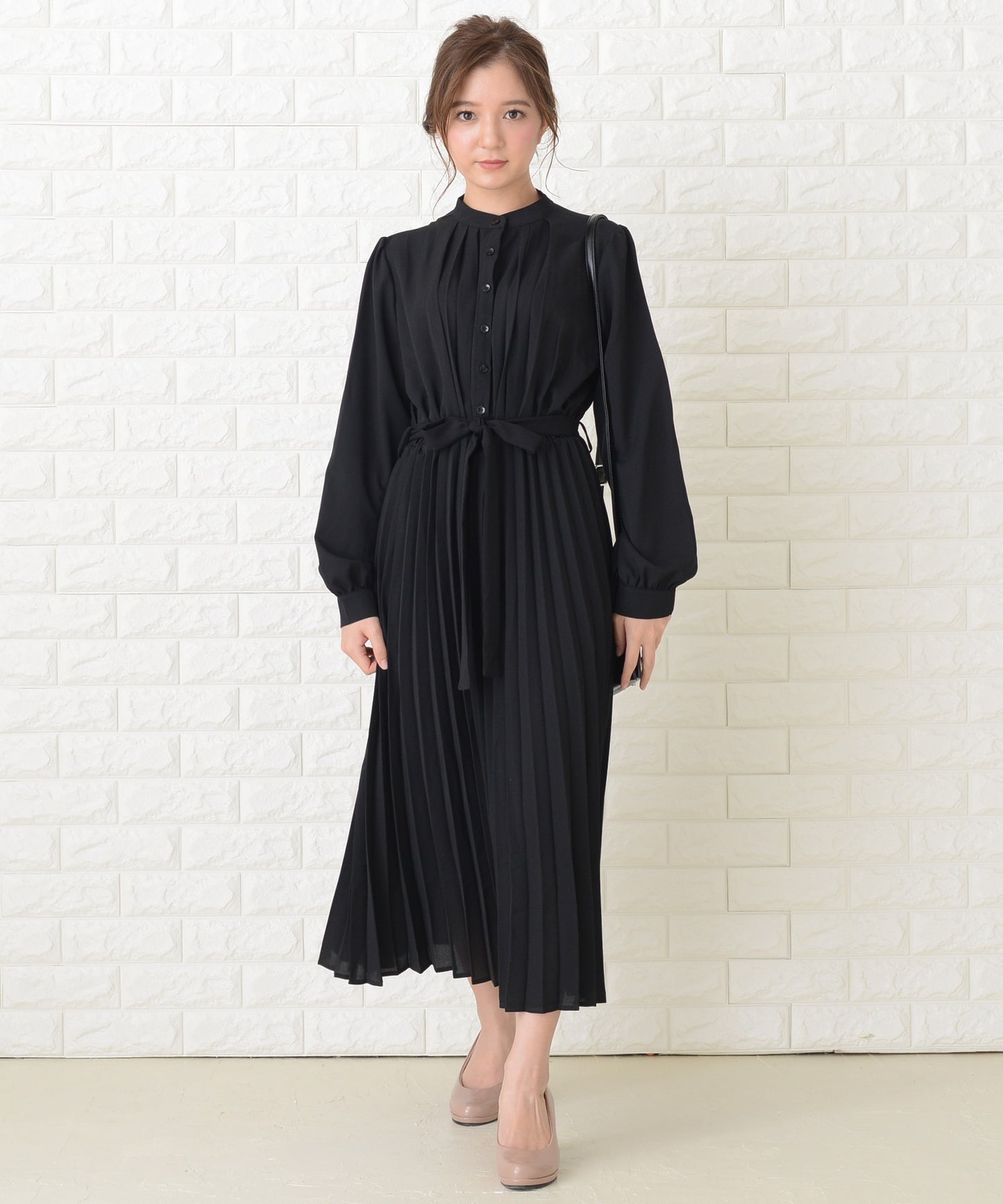 ウエストリボン付 プリーツ ロングワンピース