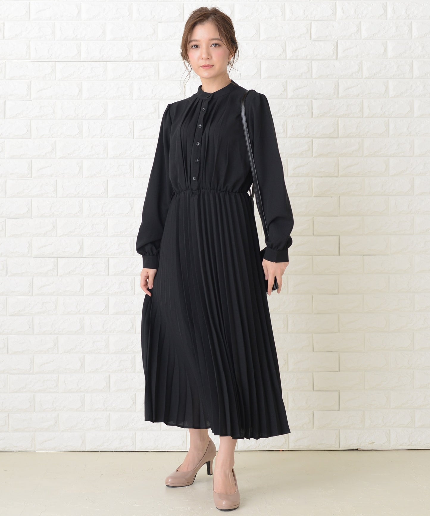 ウエストリボン付 プリーツ ロングワンピース