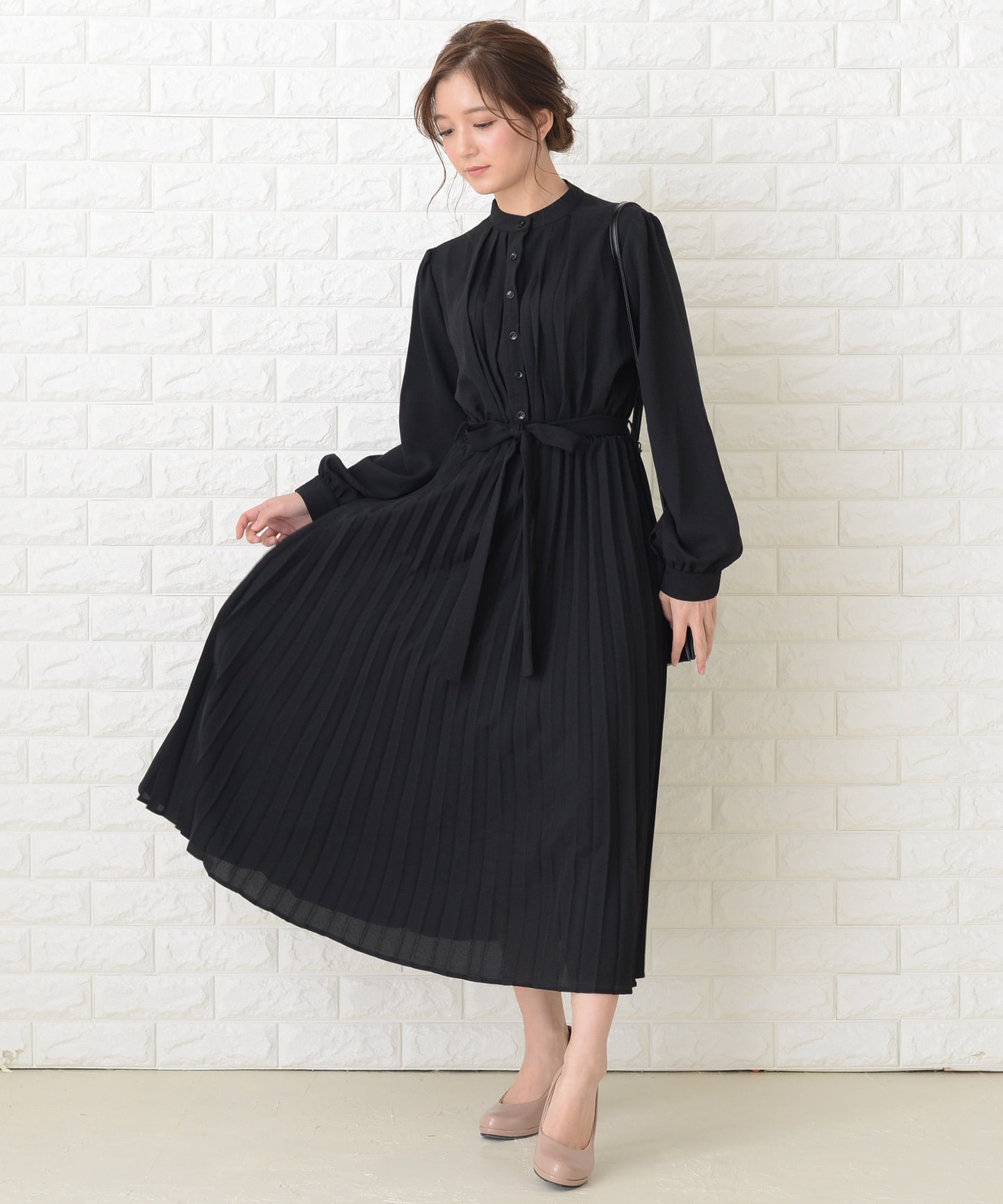 ウエストリボン付 プリーツ ロングワンピース