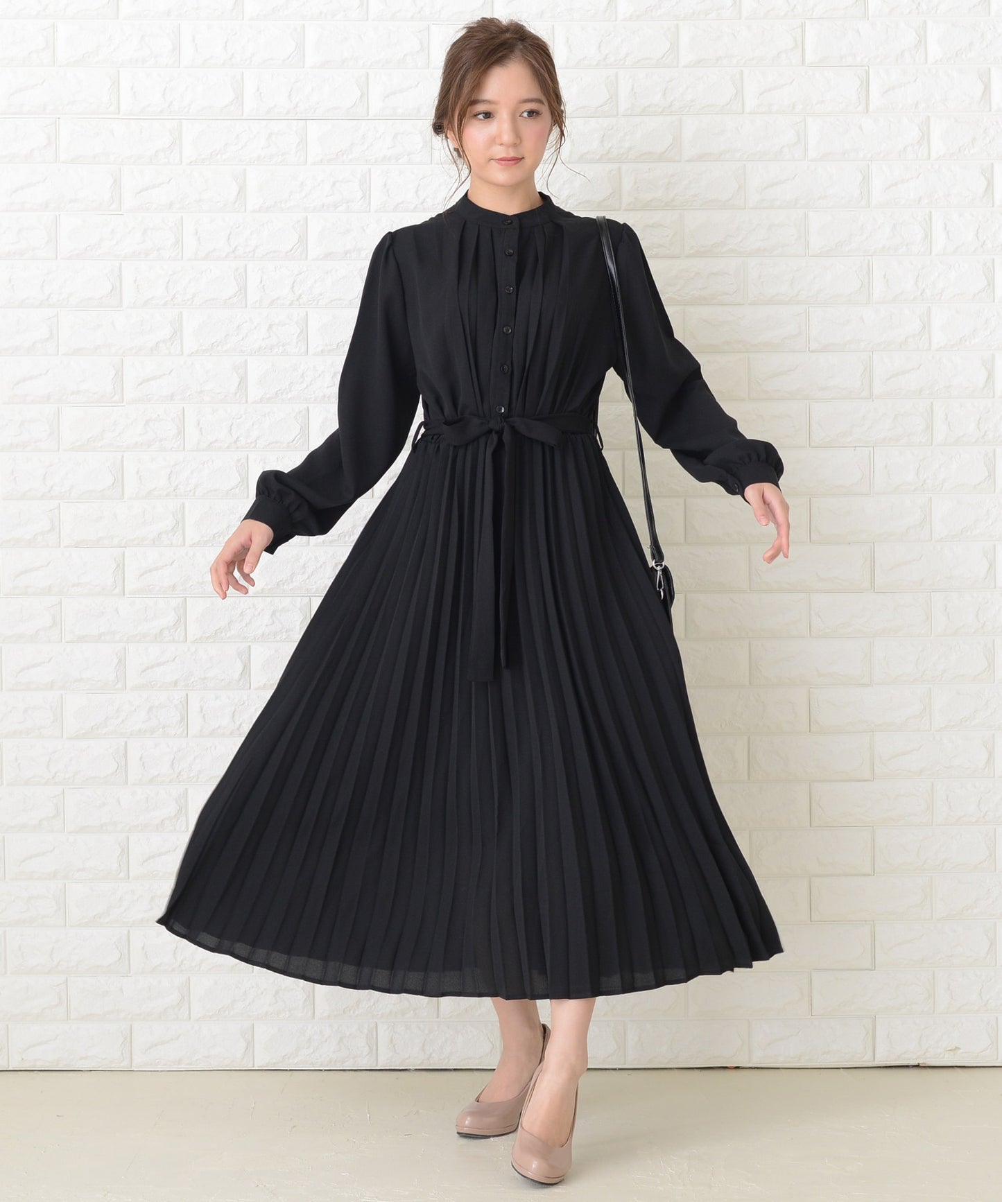 ウエストリボン付 プリーツ ロングワンピース
