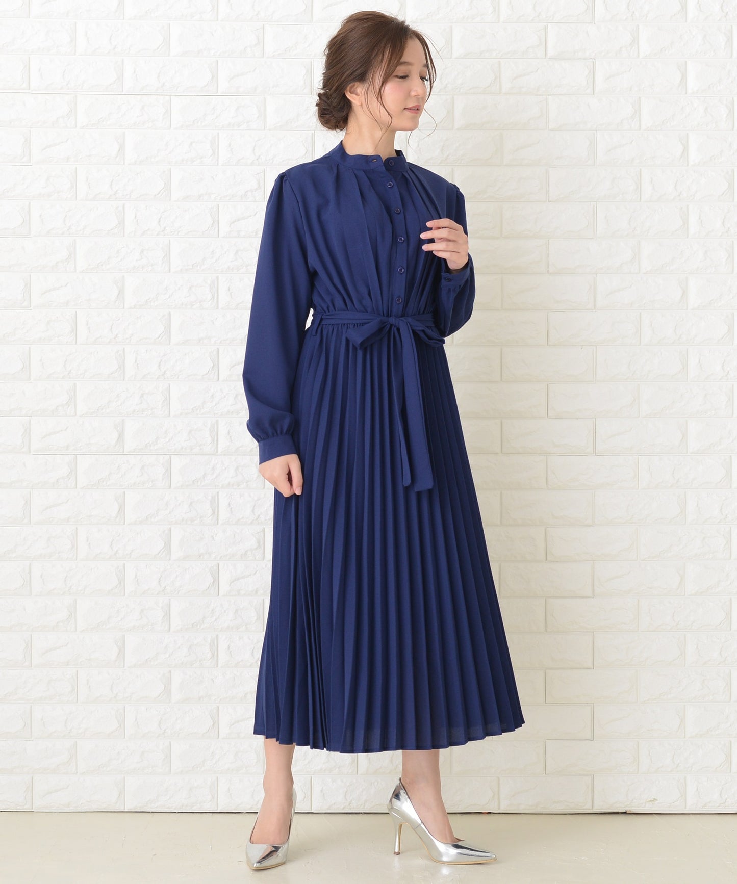 ウエストリボン付 プリーツ ロングワンピース