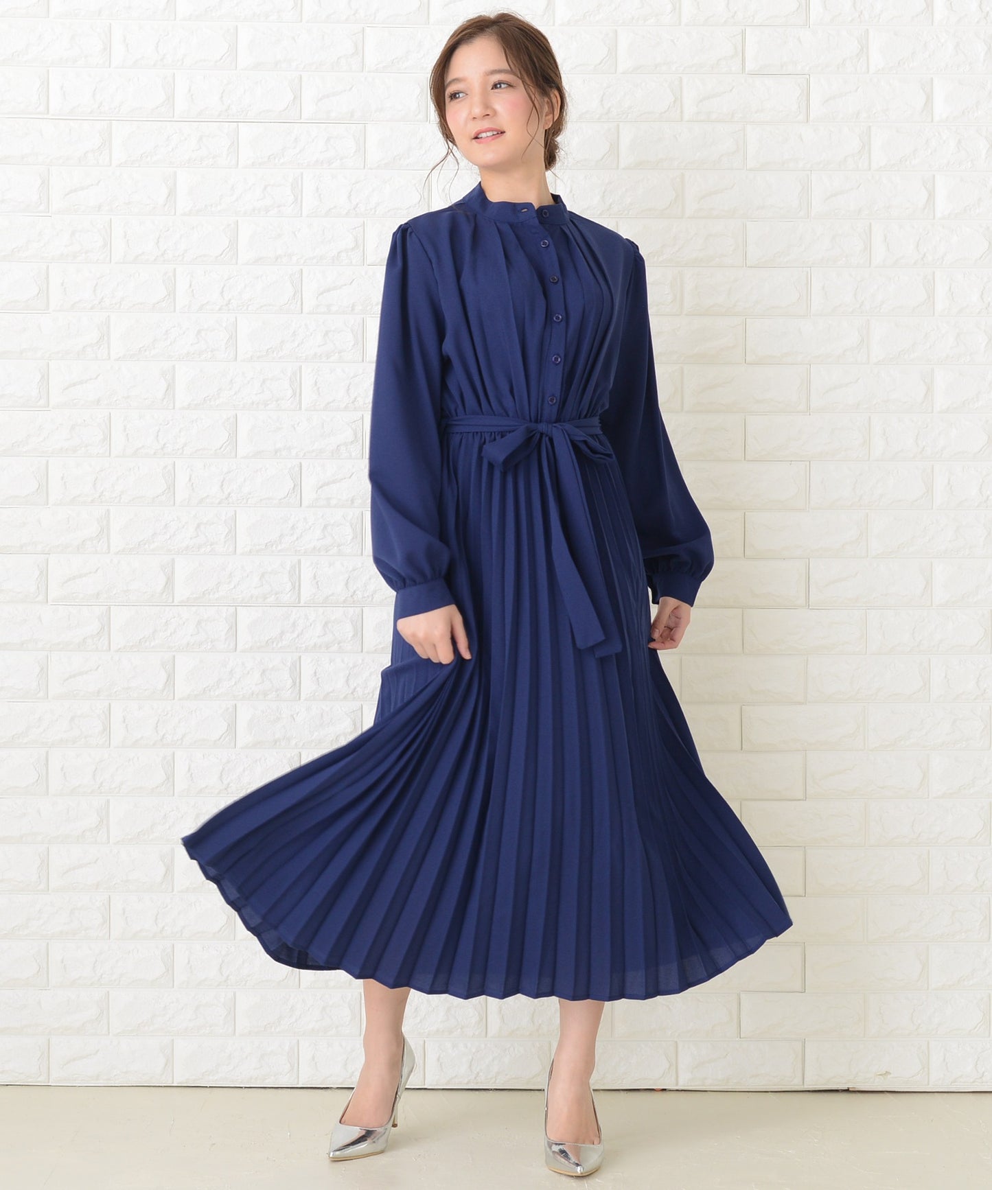 ウエストリボン付 プリーツ ロングワンピース