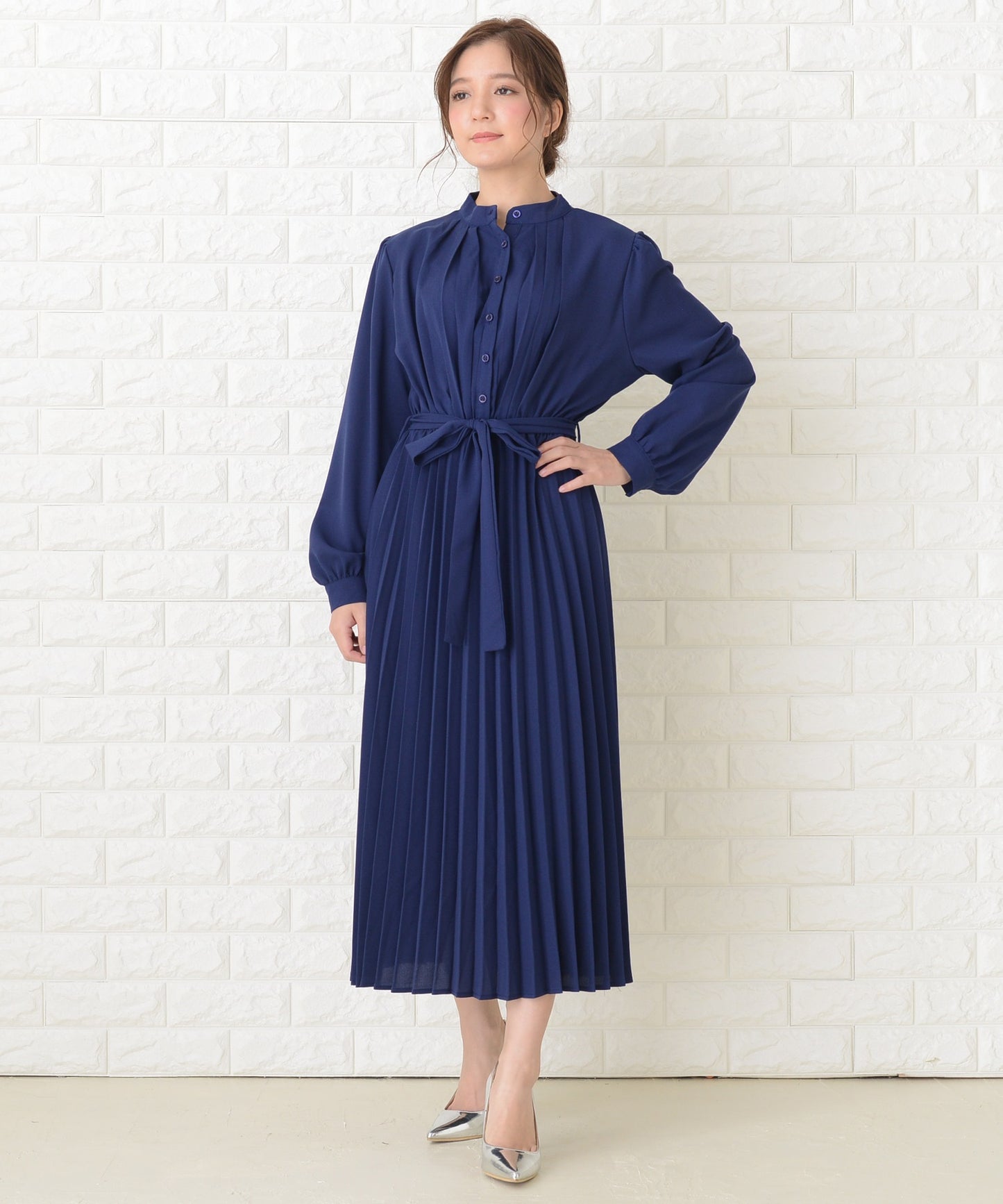 ウエストリボン付 プリーツ ロングワンピース