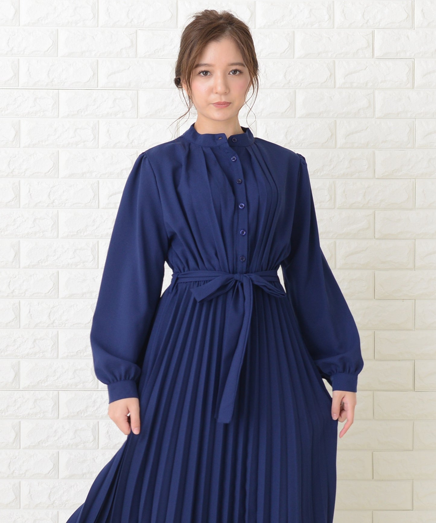 ウエストリボン付 プリーツ ロングワンピース