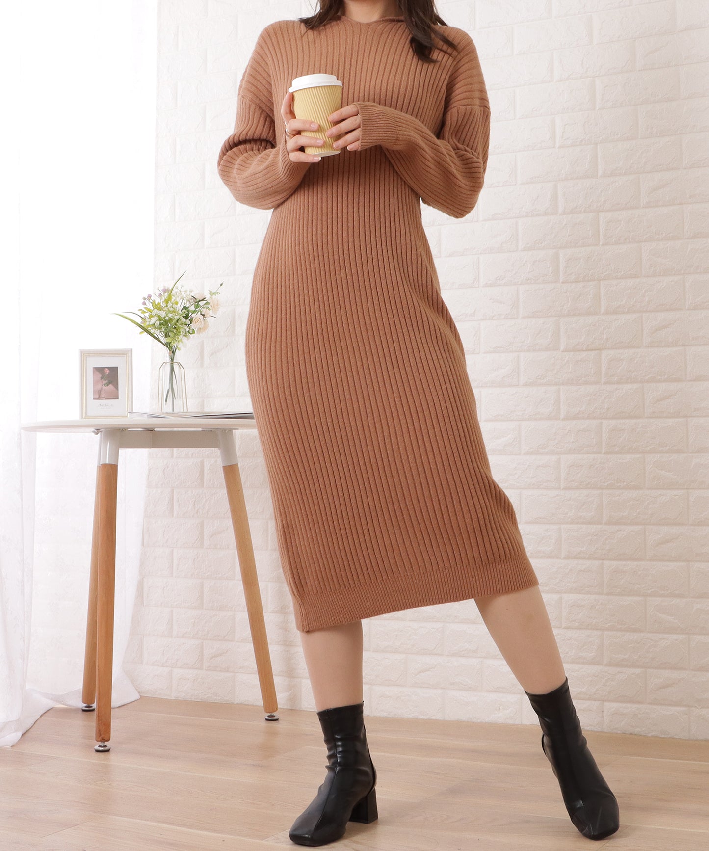 フード付きリブニットゆるシルエットワンピース
