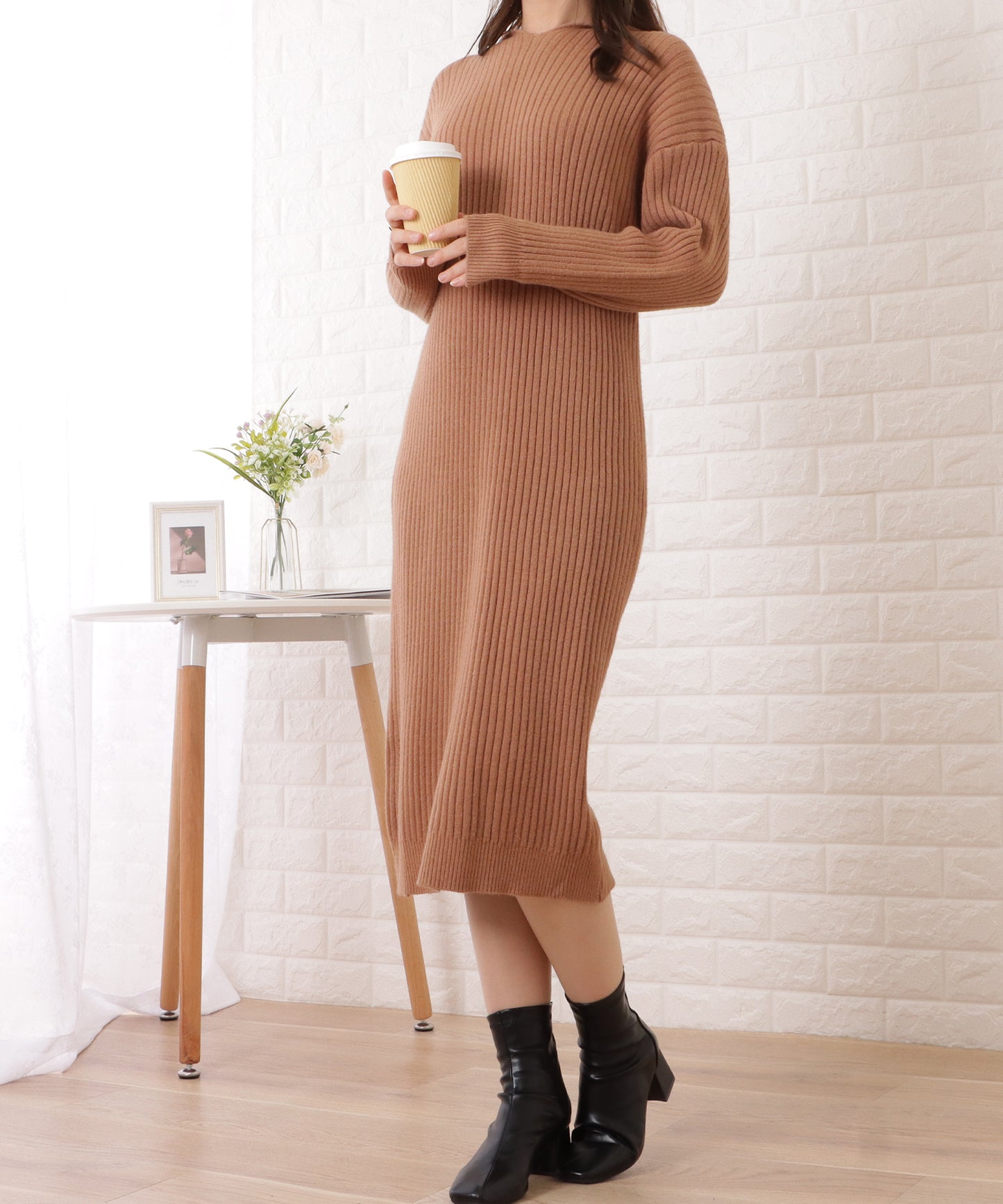 フード付きリブニットゆるシルエットワンピース