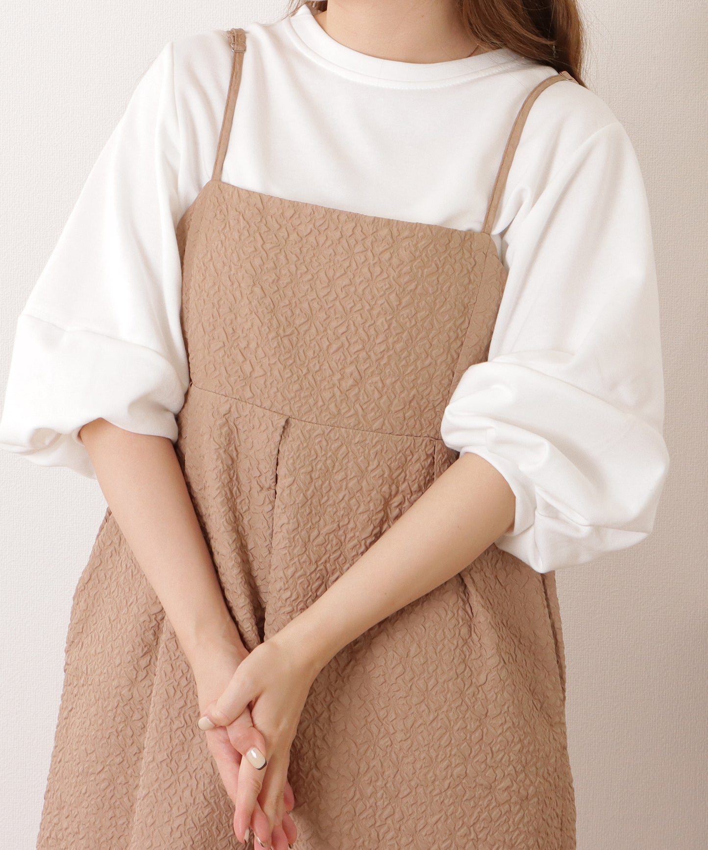 ふくれジャガード タック入り キャミソール ロング ワンピース