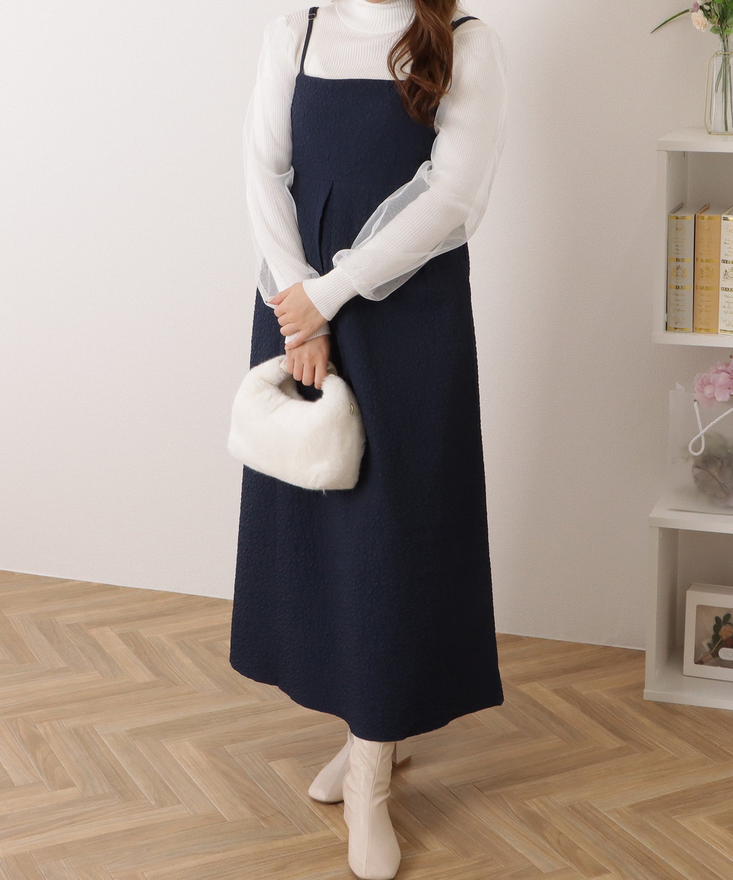 ふくれジャガード タック入り キャミソール ロング ワンピース