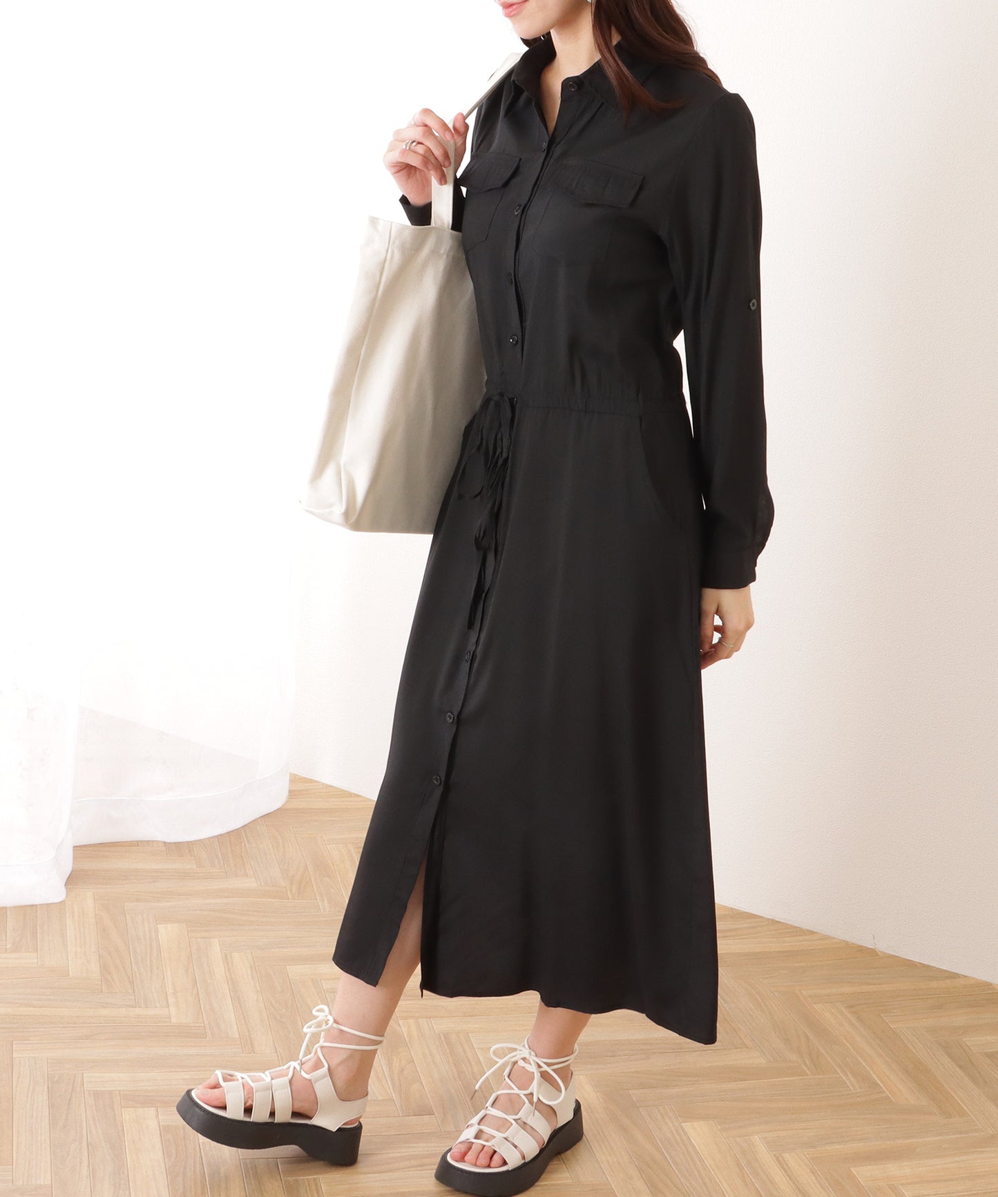 前開き フレア ロング シャツ ワンピース