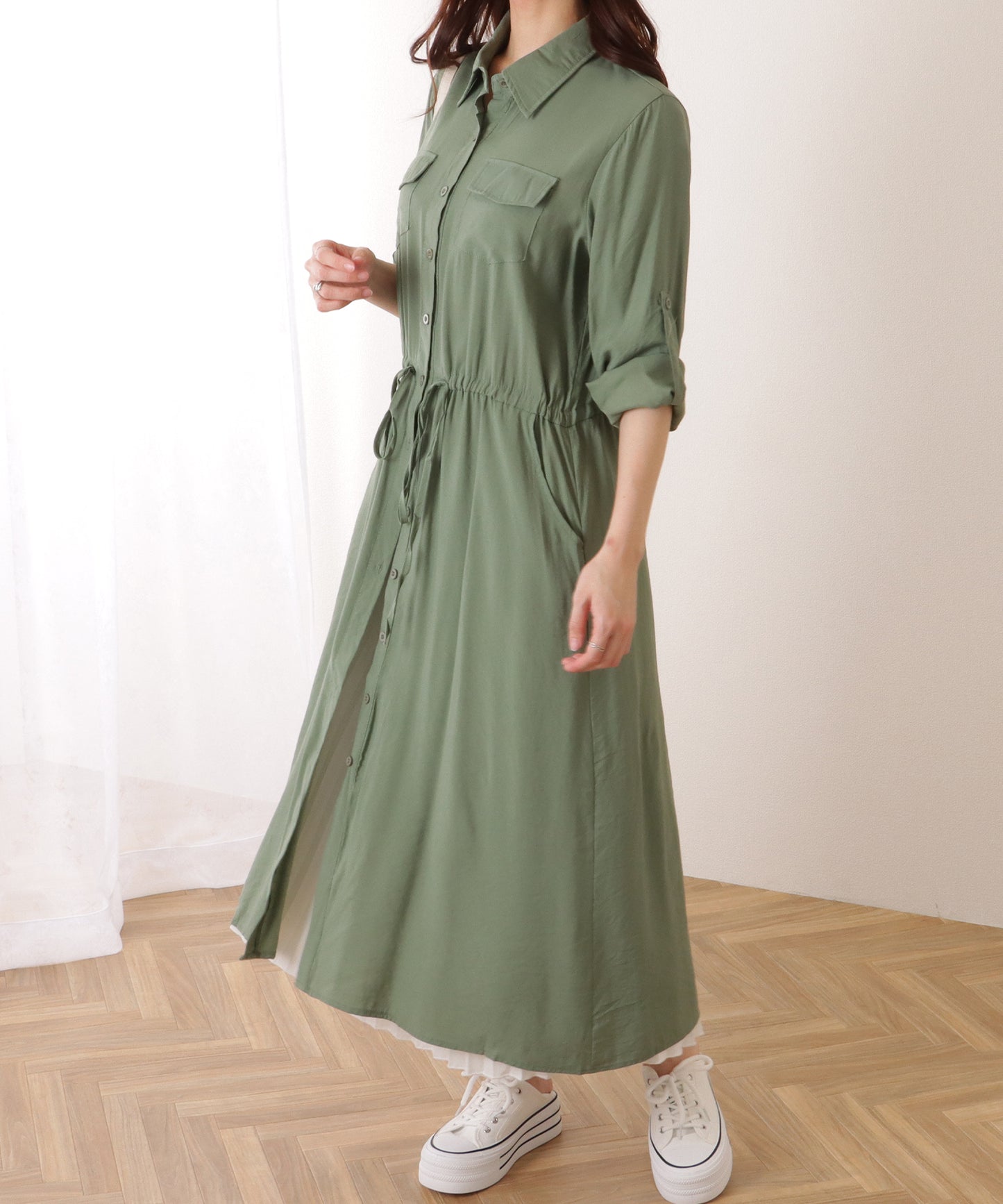 前開き フレア ロング シャツ ワンピース