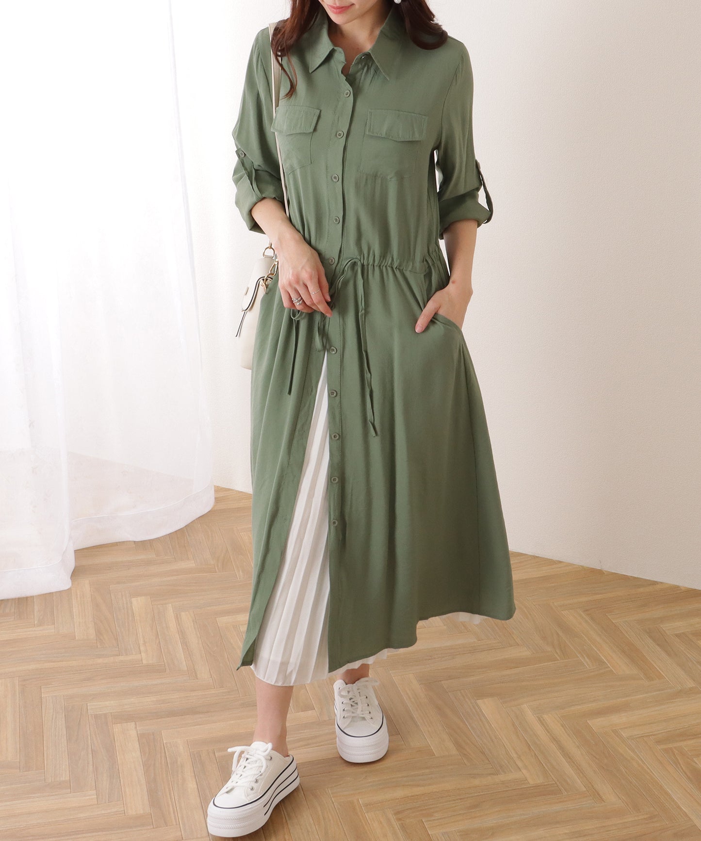 前開き フレア ロング シャツ ワンピース