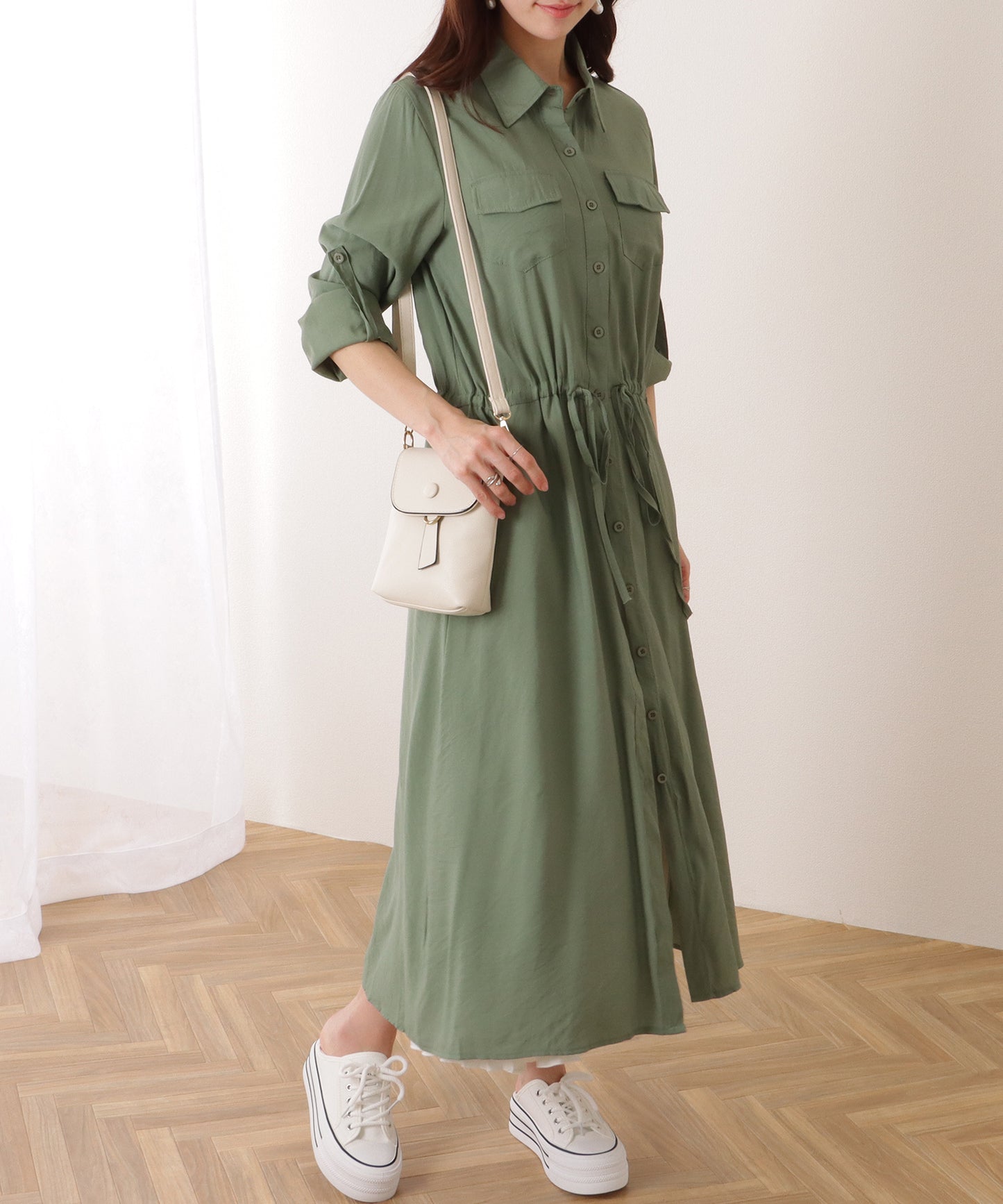 前開き フレア ロング シャツ ワンピース