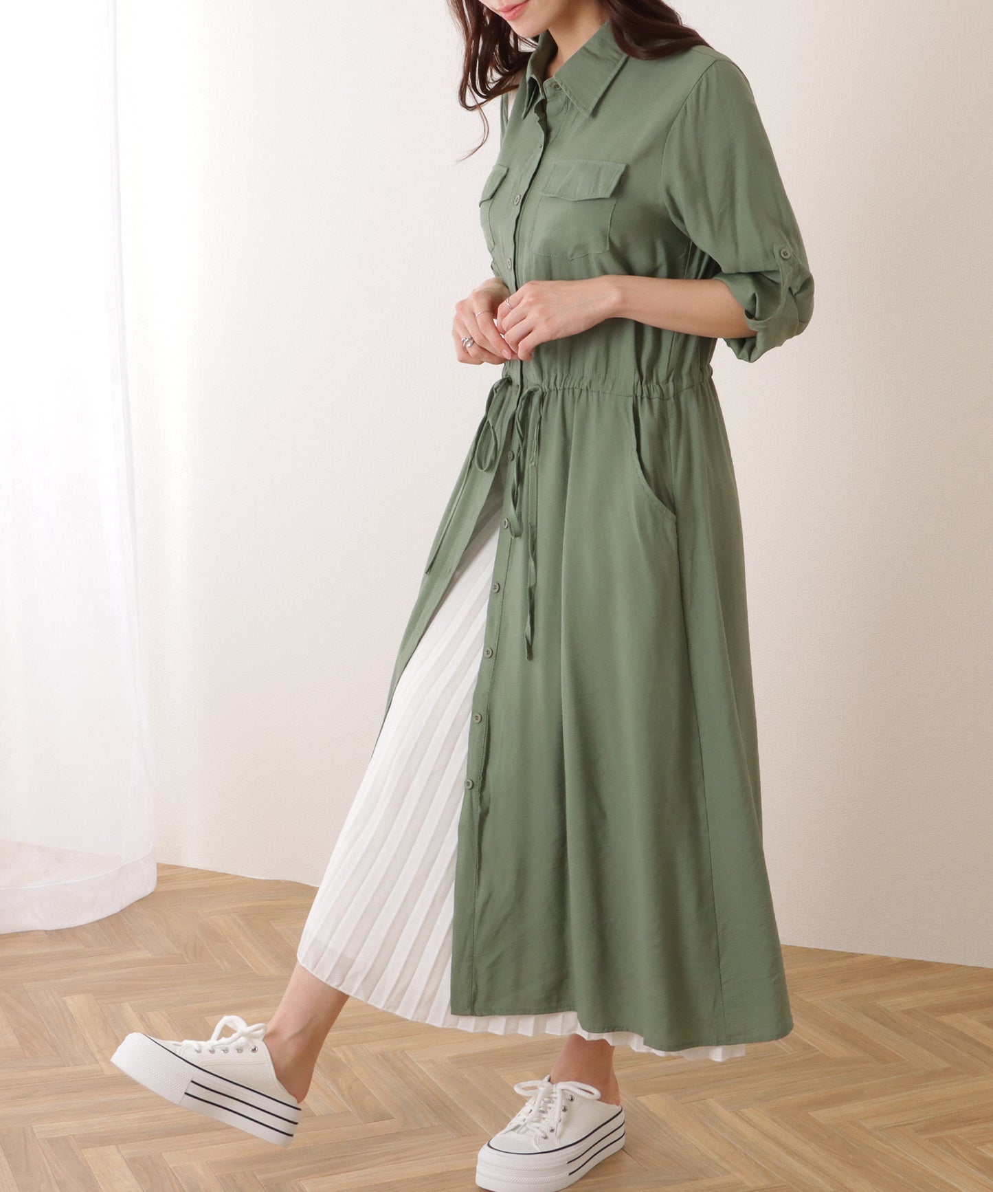 前開き フレア ロング シャツ ワンピース