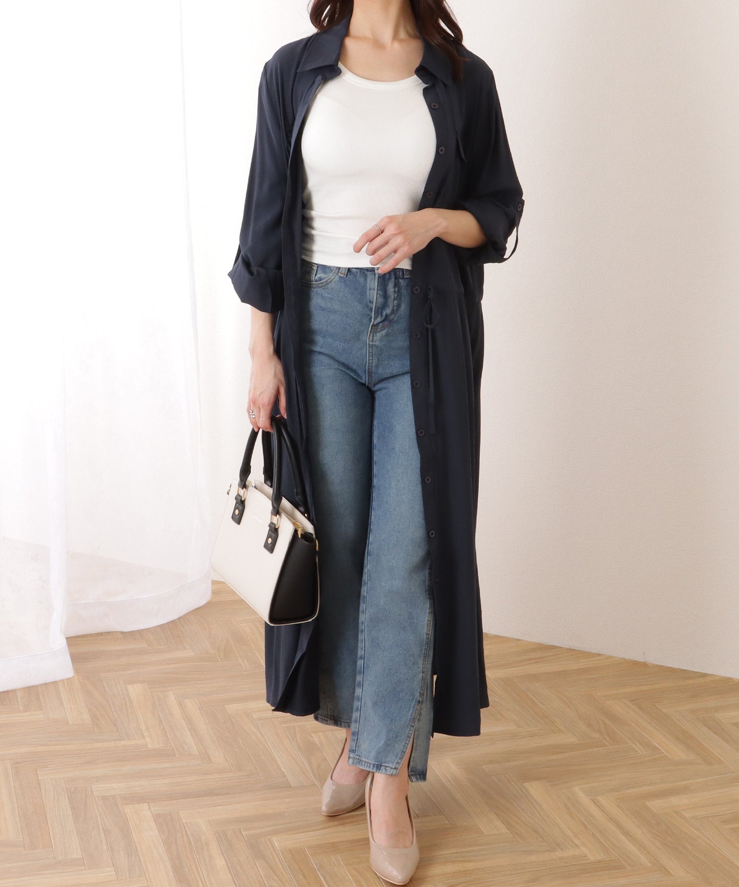 前開き フレア ロング シャツ ワンピース