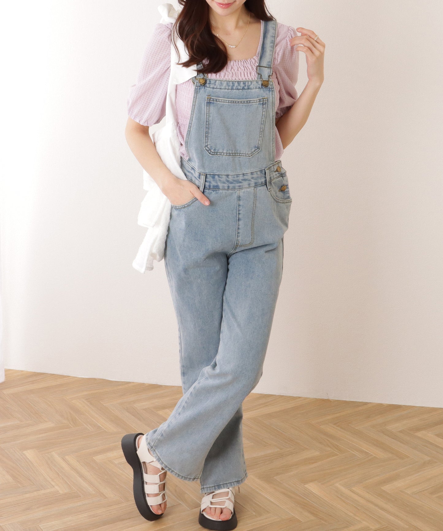 裾スリット ハイウエスト デニム ベーシック サロペット