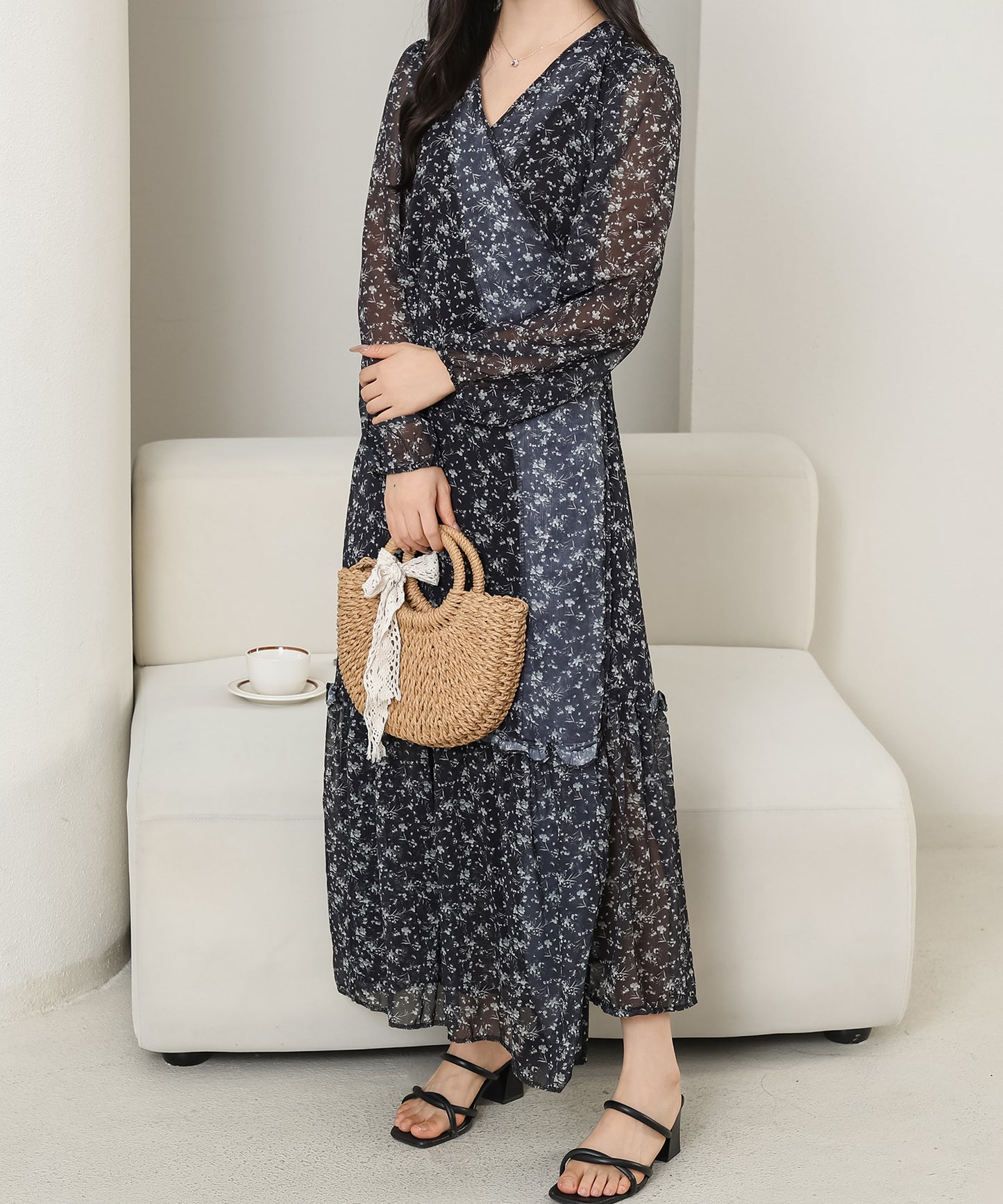 小花柄 Vネック シフォン ロング ワンピース