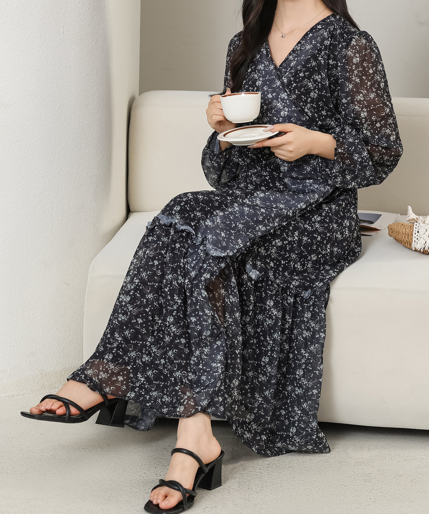 小花柄 Vネック シフォン ロング ワンピース