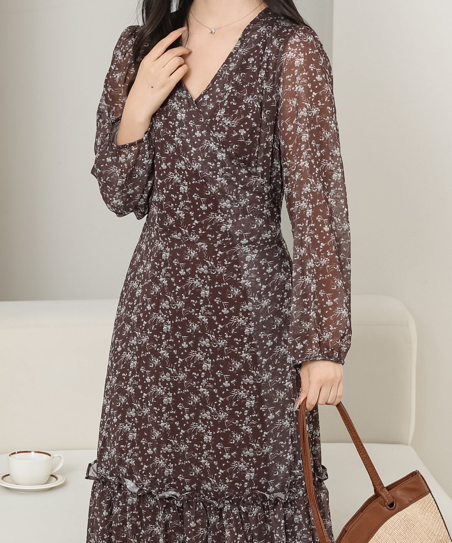 小花柄 Vネック シフォン ロング ワンピース