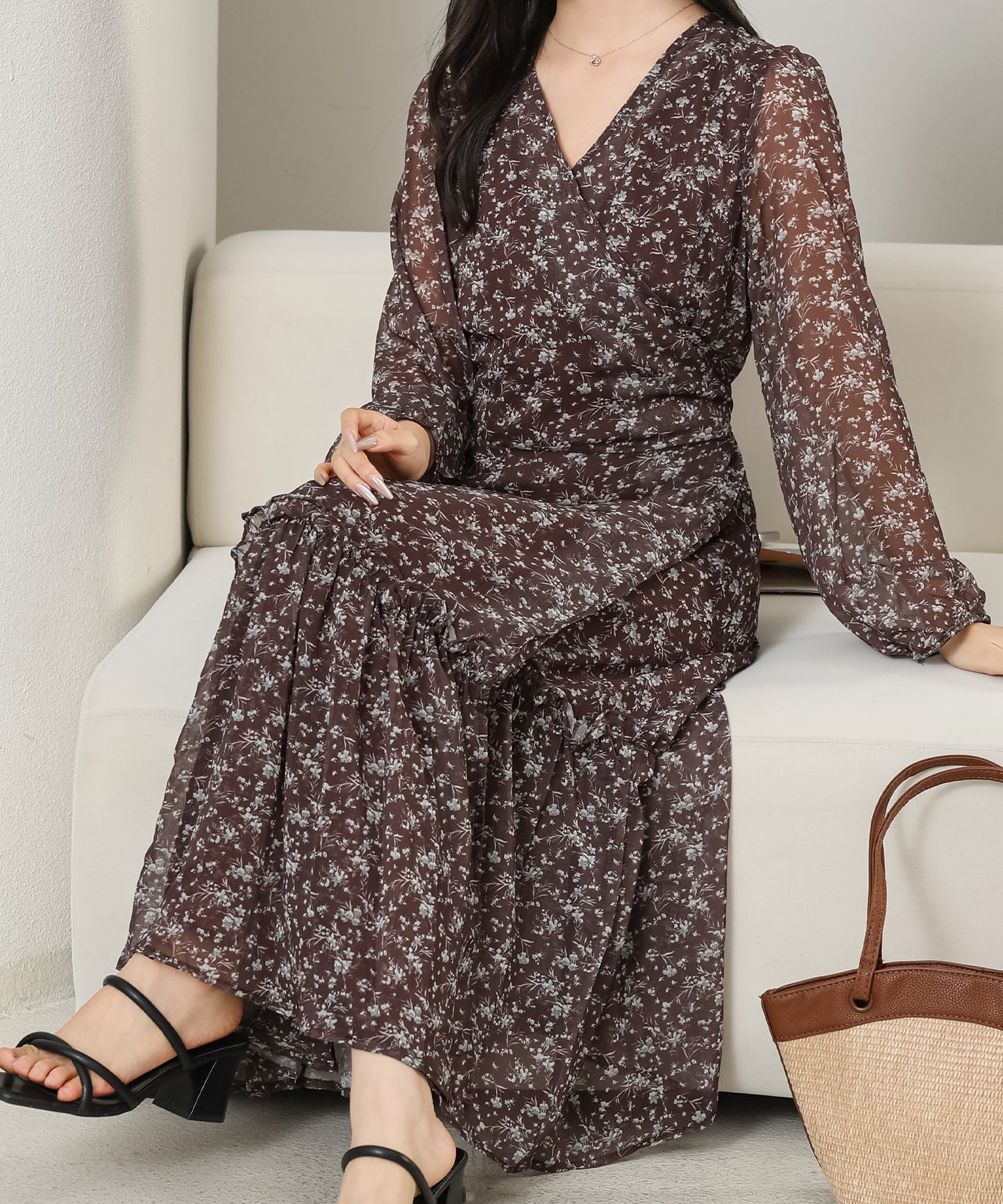 小花柄 Vネック シフォン ロング ワンピース
