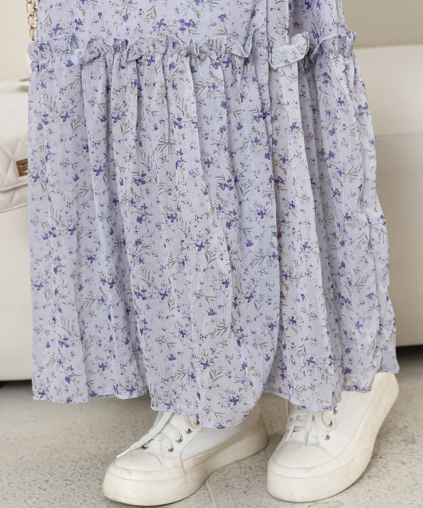 小花柄 Vネック シフォン ロング ワンピース