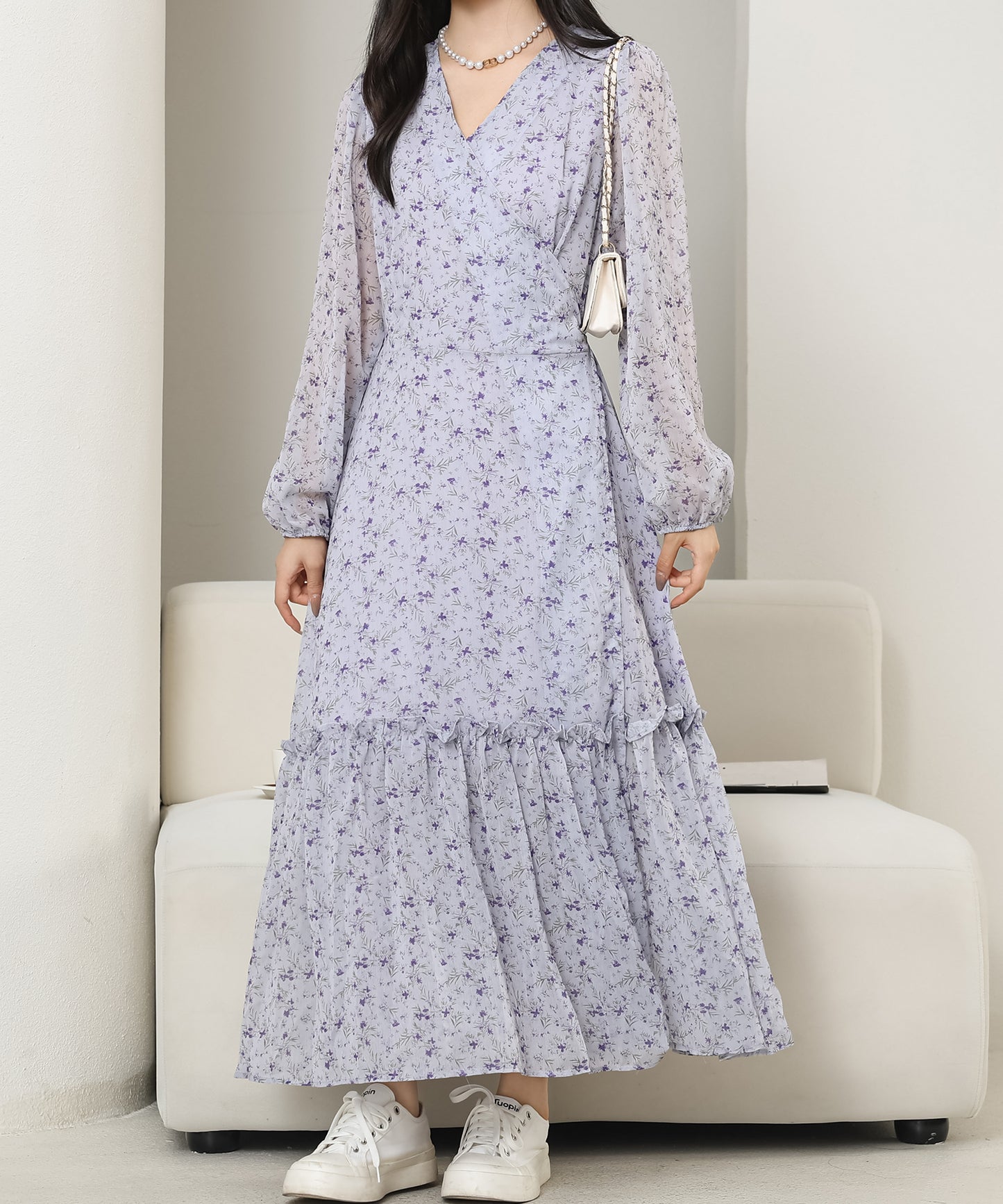小花柄 Vネック シフォン ロング ワンピース