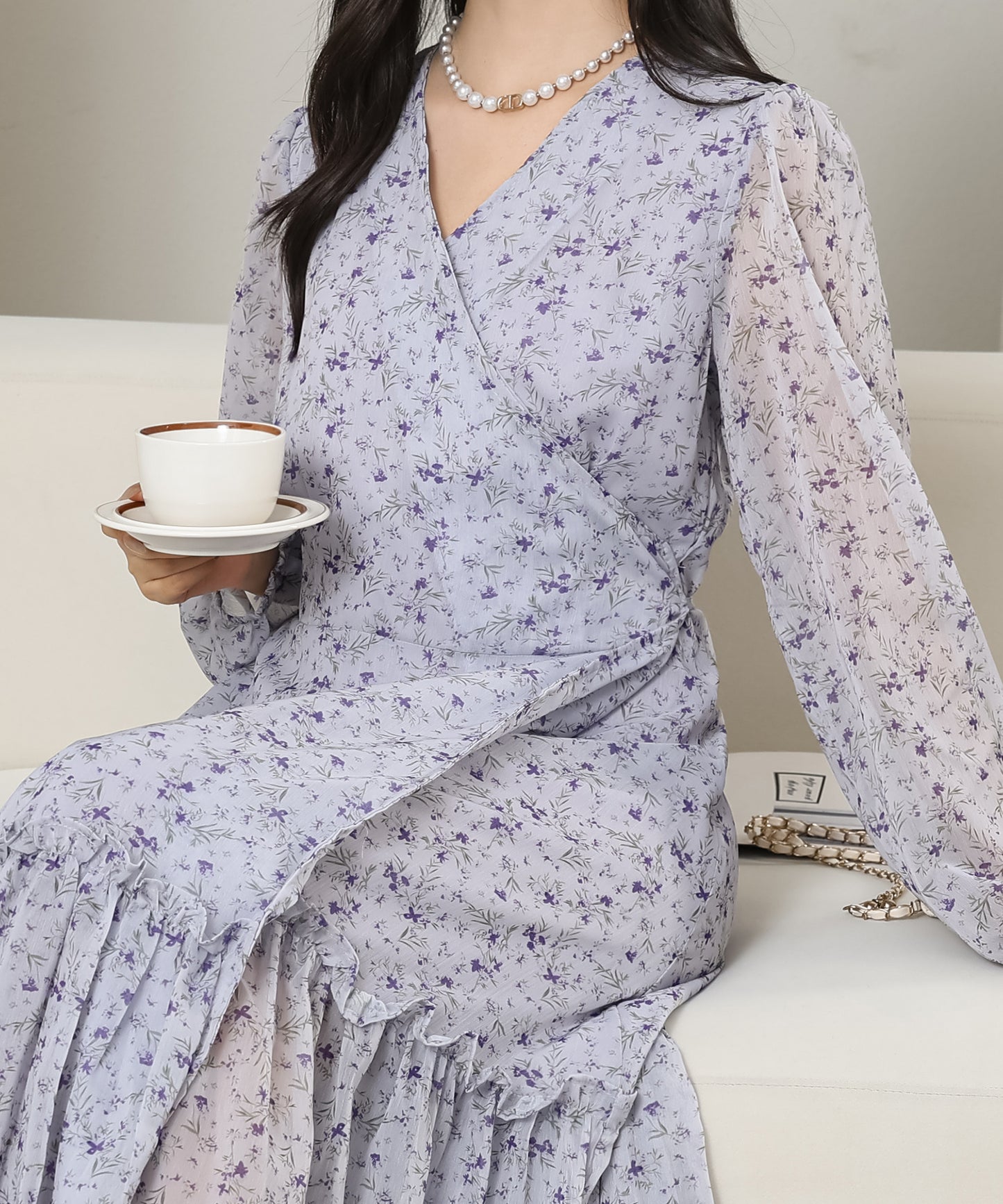 小花柄 Vネック シフォン ロング ワンピース