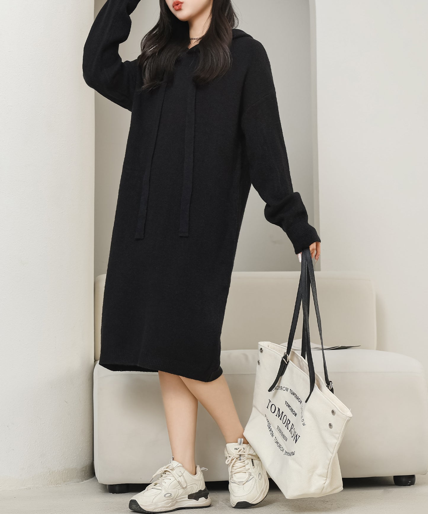 ソリッドカラー フーデット 長袖 ニット ワンピース