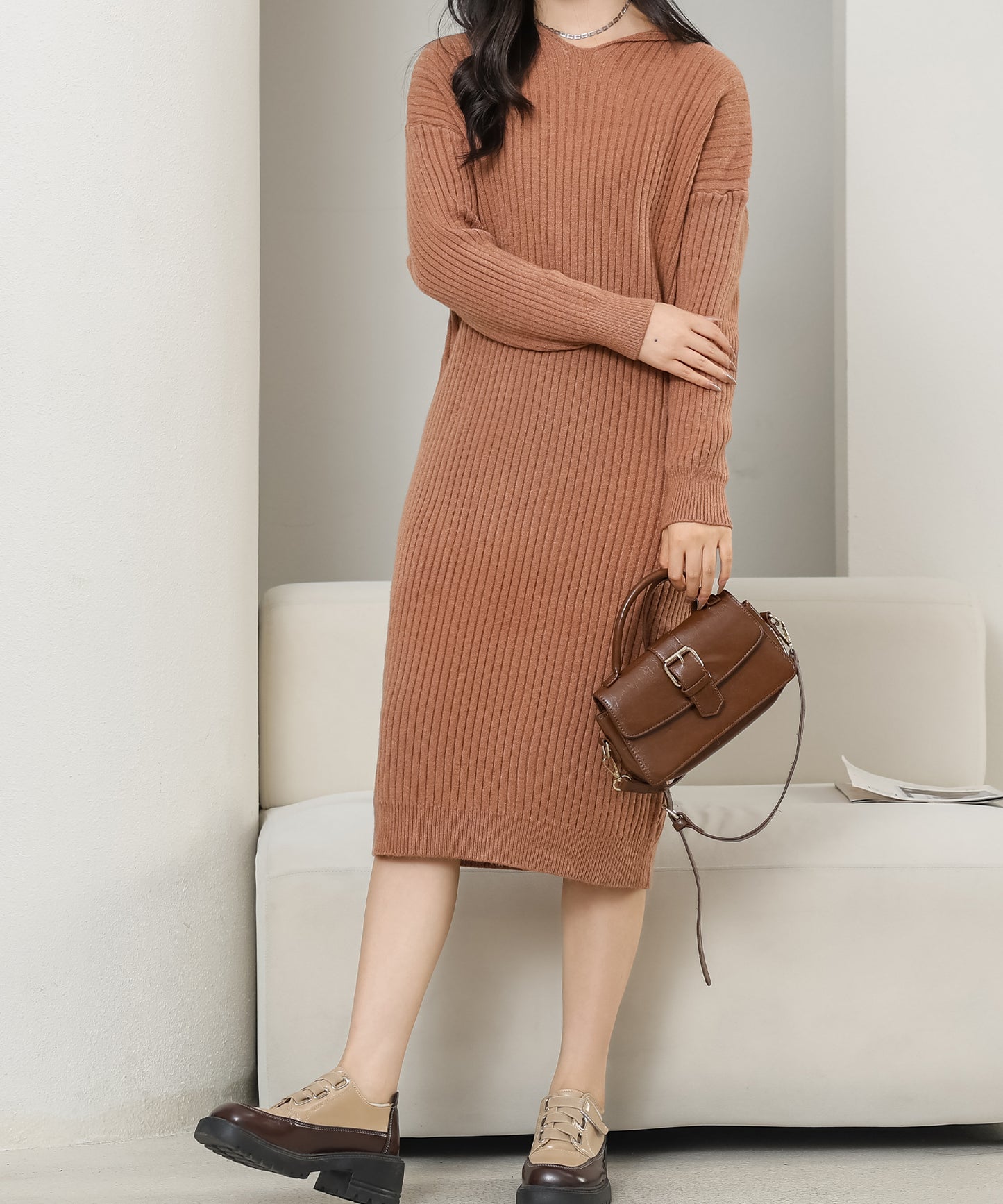 ソリッドカラー フーデット リブ ニット ワンピース