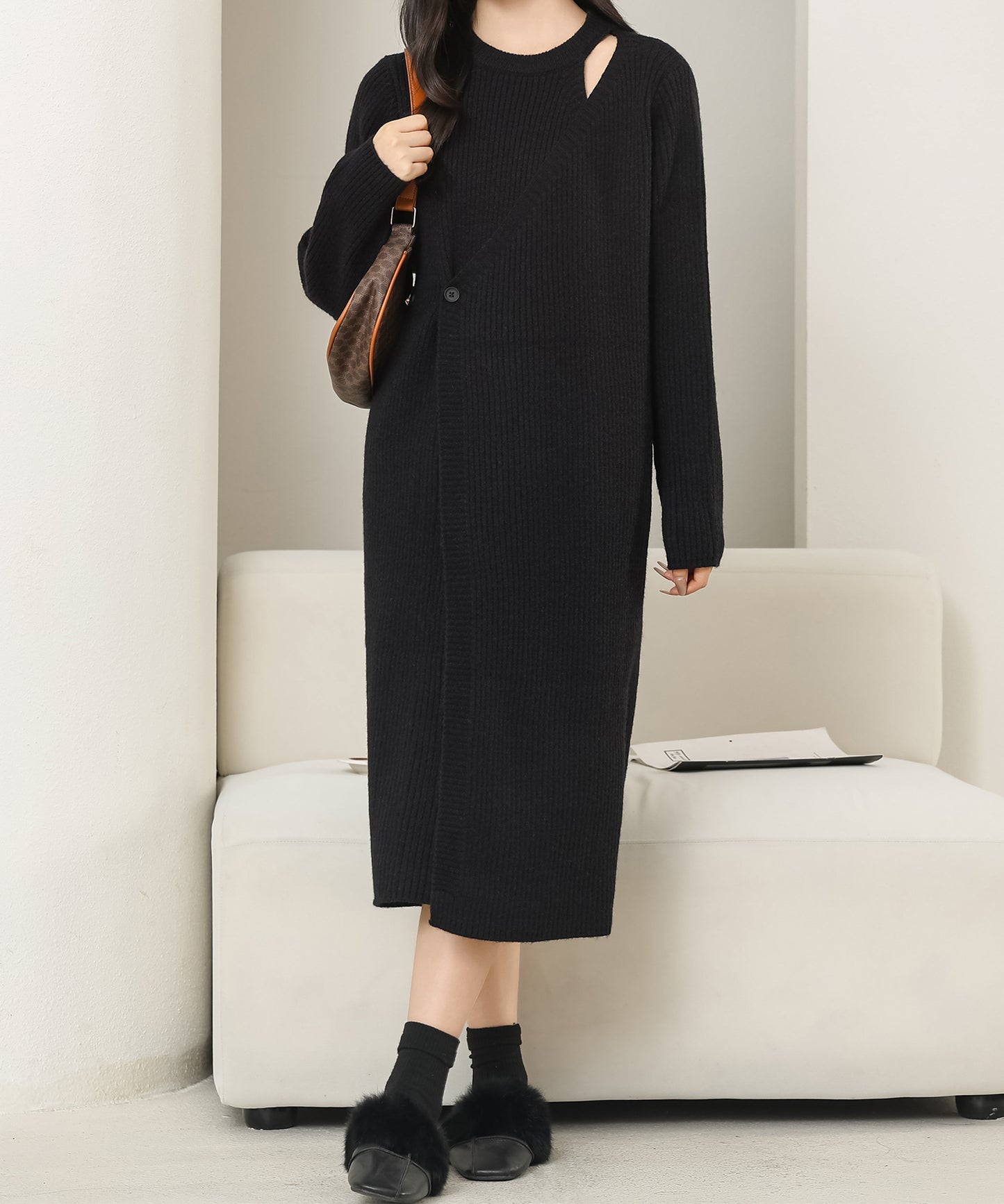 フェイクレイヤード マキシ丈 リブ ニット ワンピース