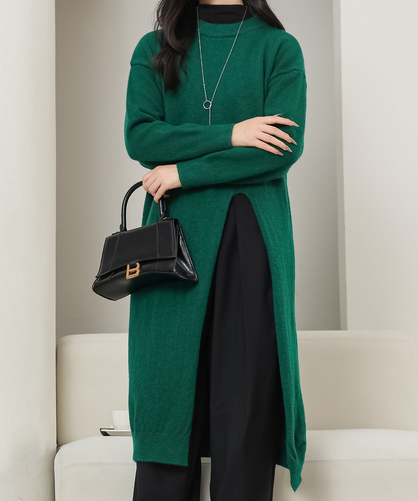 クルーネック サイド スリット ニット ワンピース