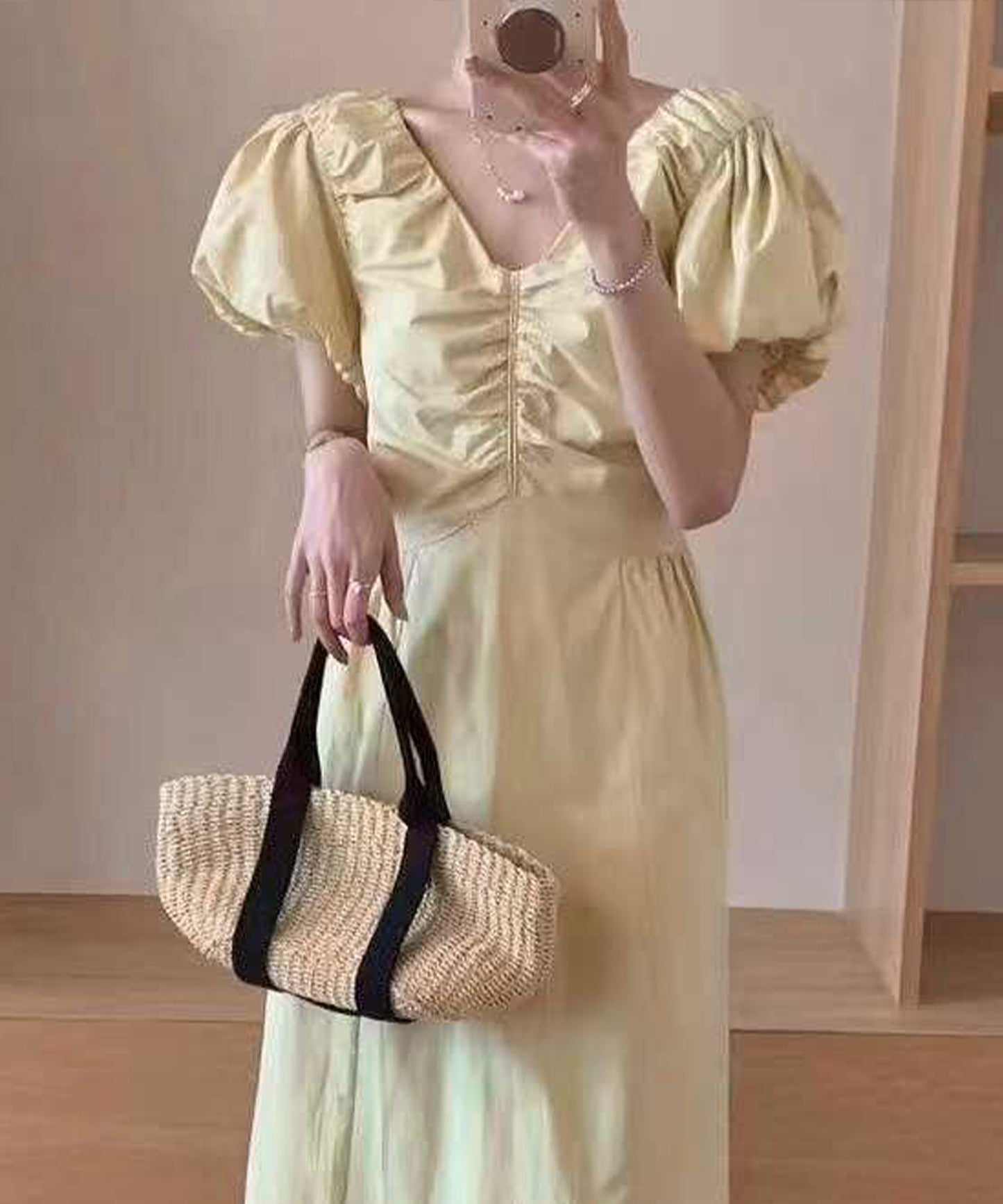 フロント シャーリング Vネック パフスリーブ ロング ワンピース