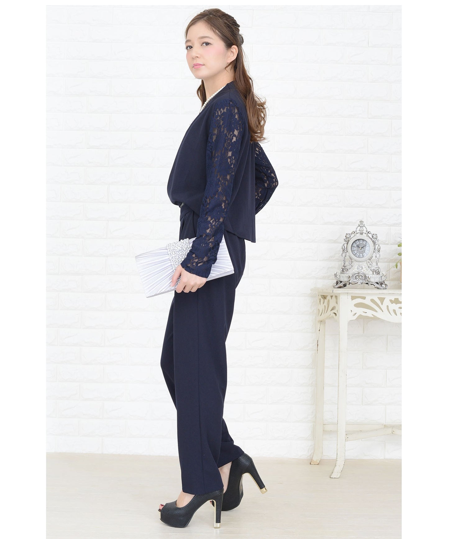 カシュクール風花柄レースオールインワン・パンツドレス