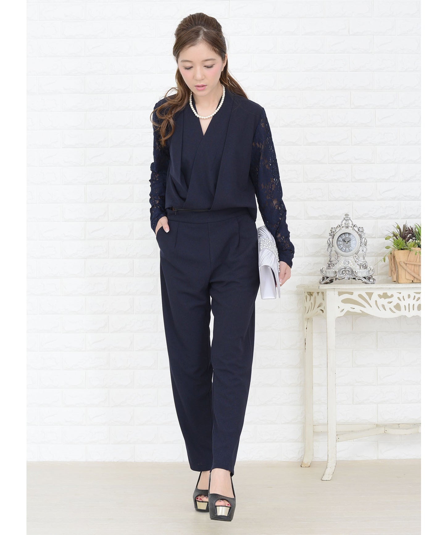カシュクール風花柄レースオールインワン・パンツドレス