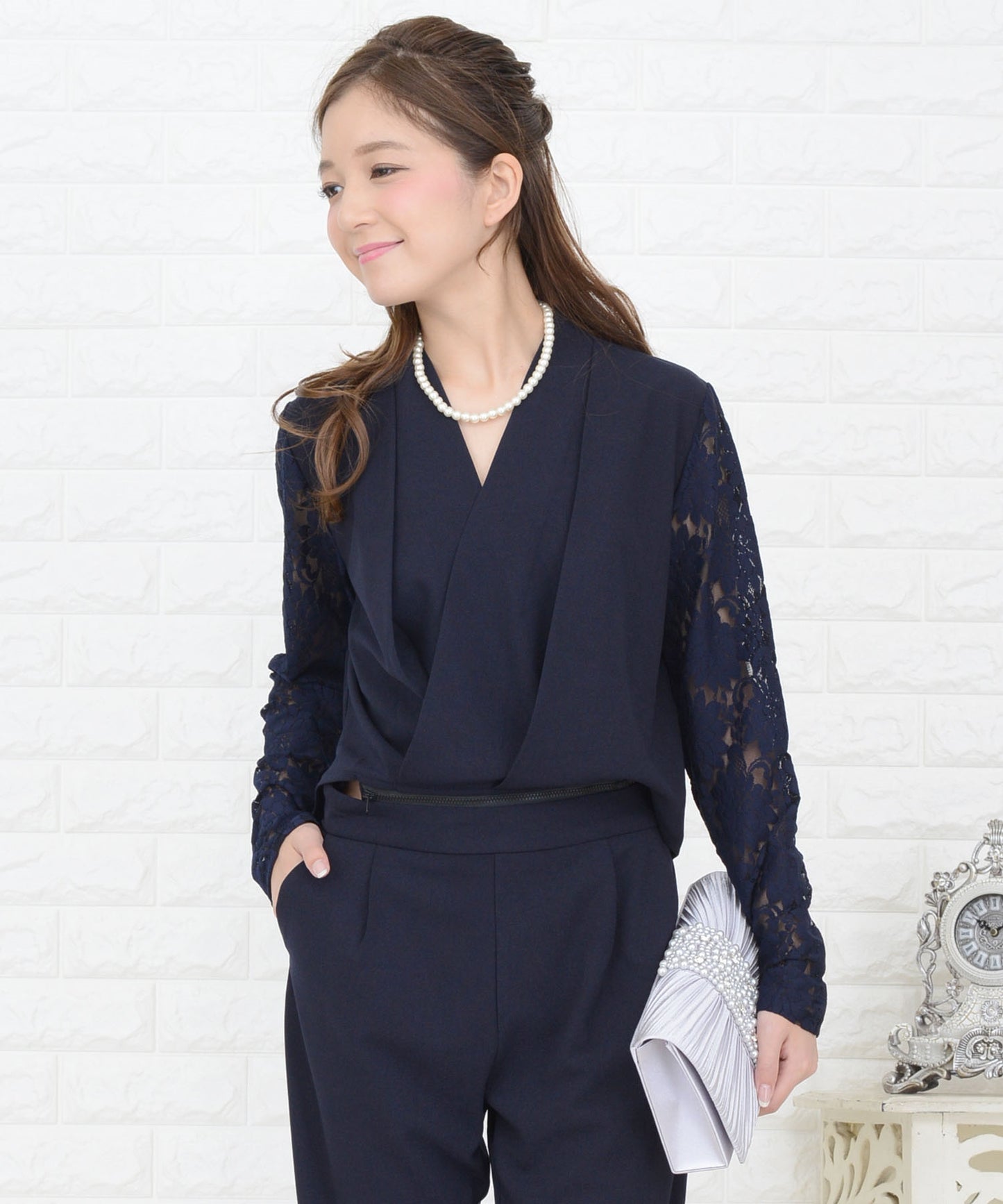 カシュクール風花柄レースオールインワン・パンツドレス